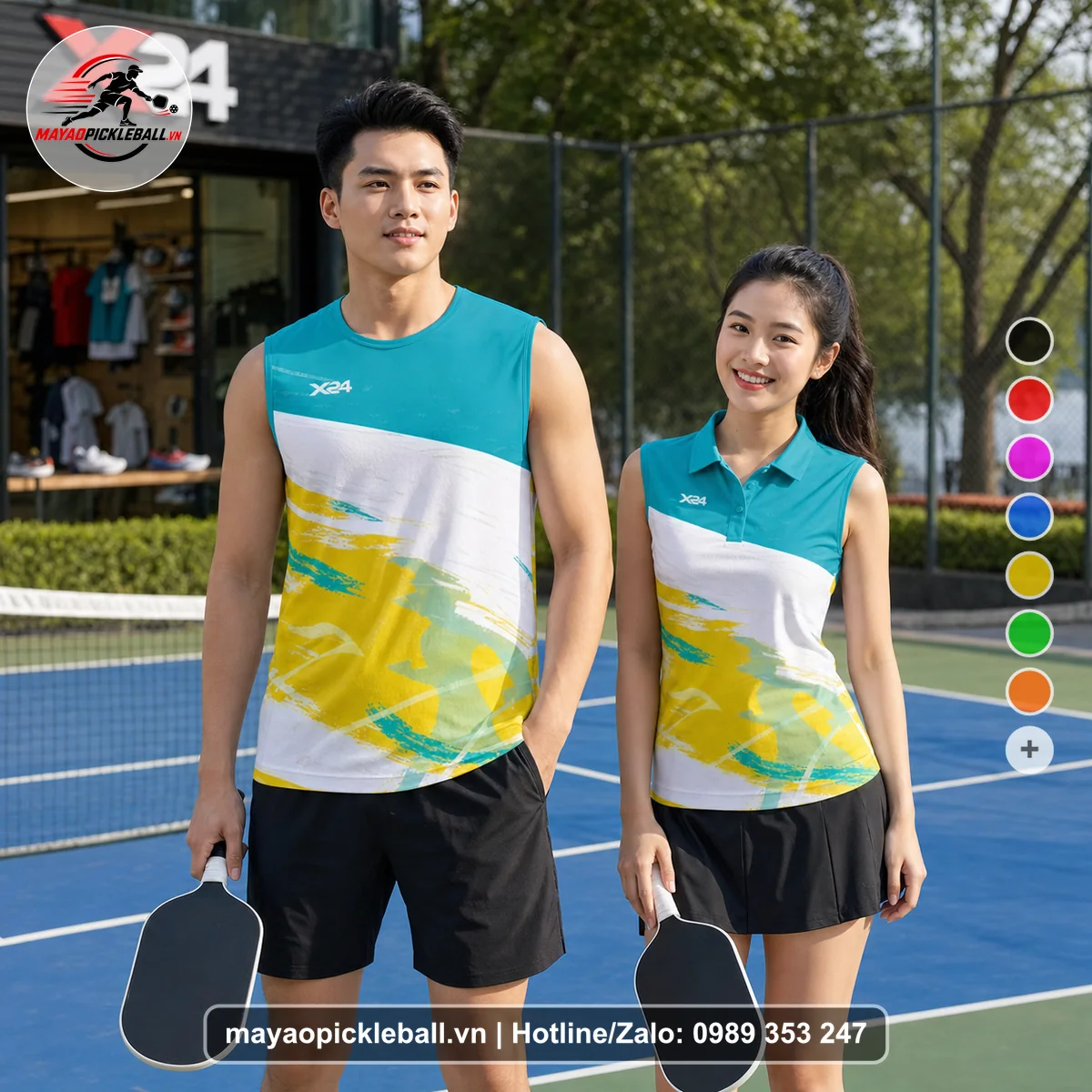 Bộ quần áo pickleball X24-PB-153 xanh ngọc, xanh biến thể không ống tay