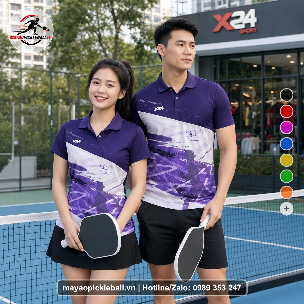 Bộ quần áo pickleball X24-PB-154 tím áo có tay có cổ
