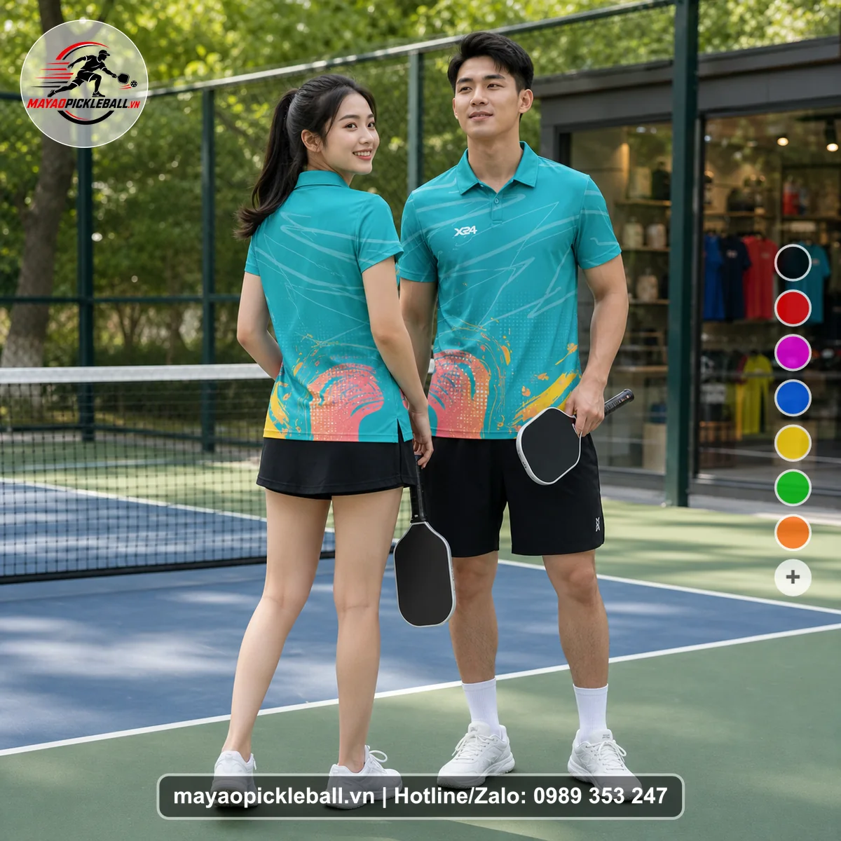Bộ quần áo pickleball X24-PB-155 xanh ngọc, xanh áo có tay có cổ