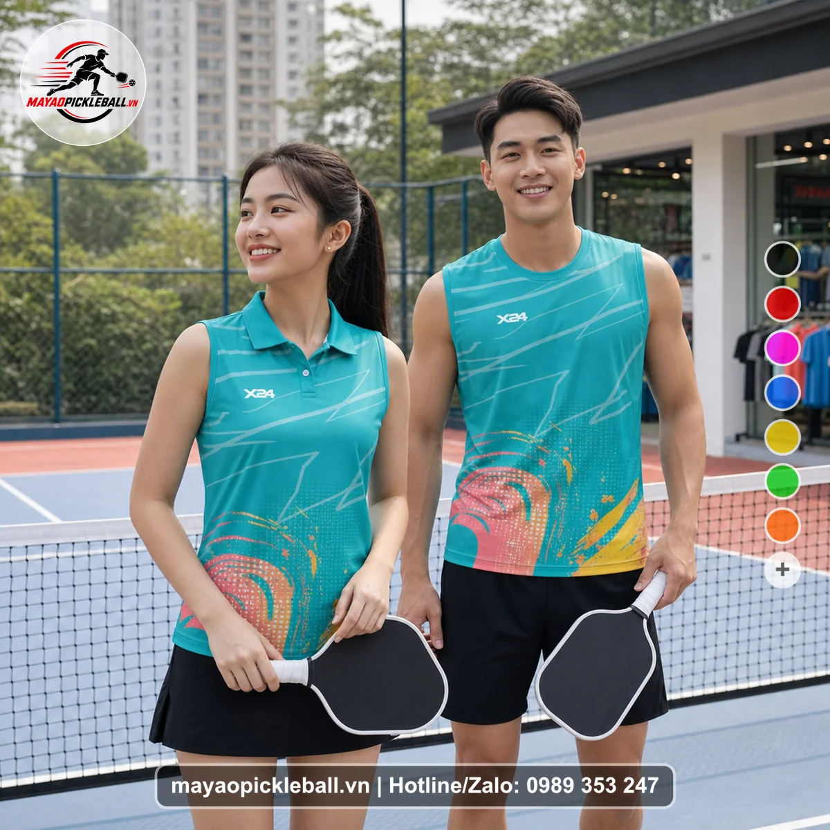 Bộ quần áo pickleball X24-PB-155 xanh ngọc, xanh biến thể không ống tay