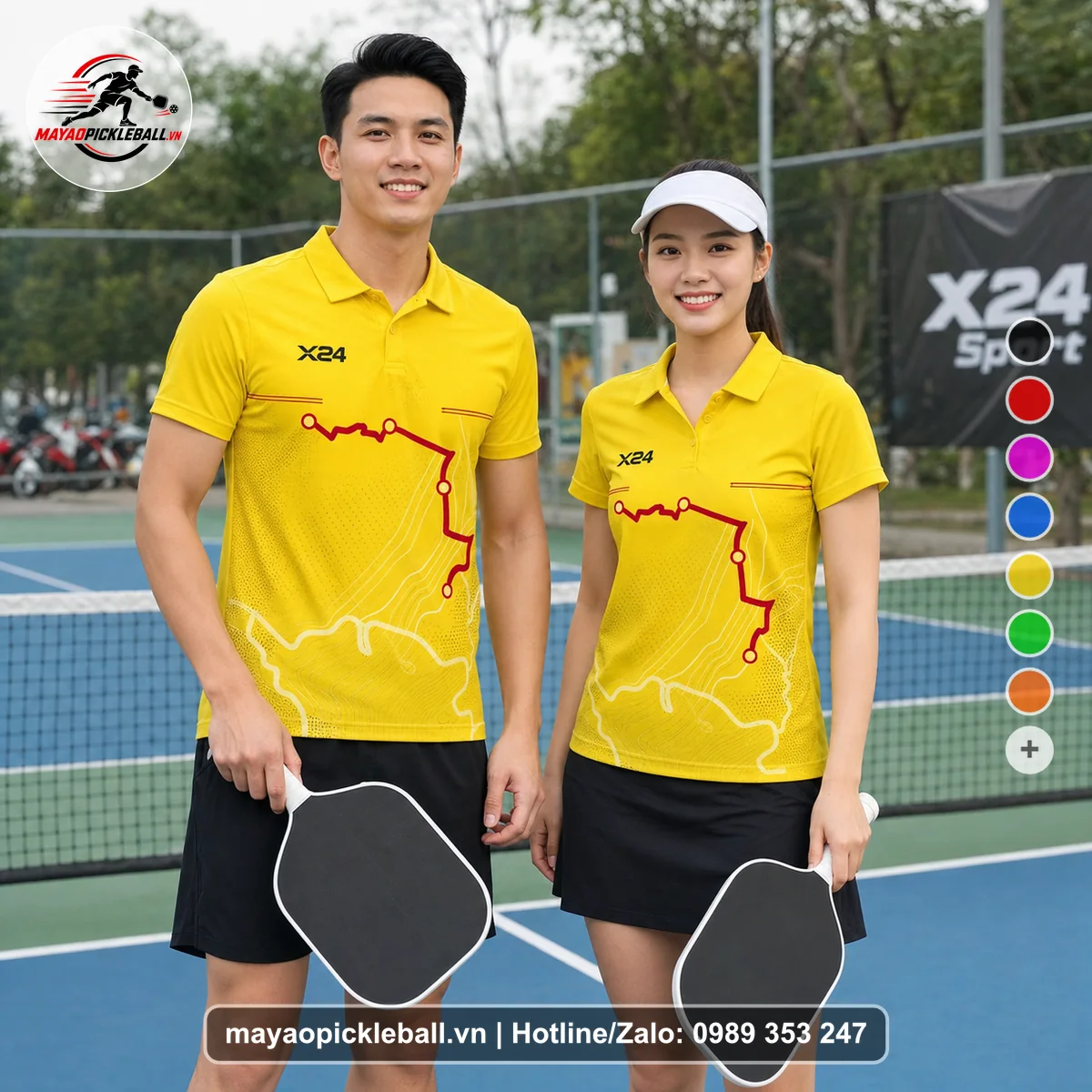 Bộ quần áo pickleball X24-PB-157 vàng áo có tay có cổ
