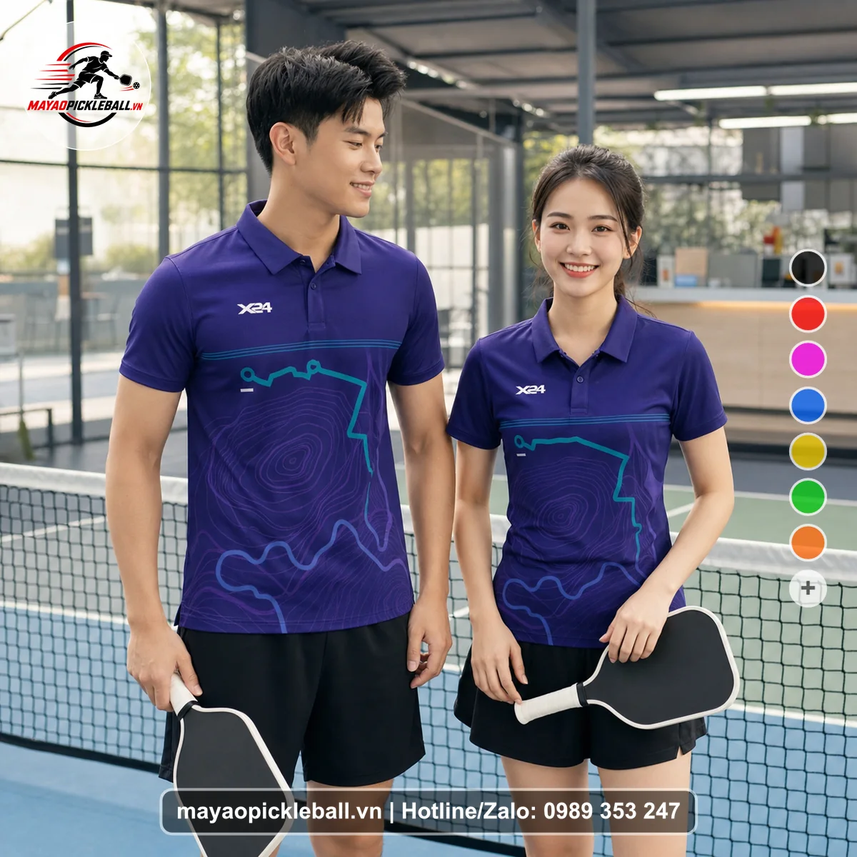 Bộ quần áo pickleball X24-PB-158 tím áo có tay có cổ