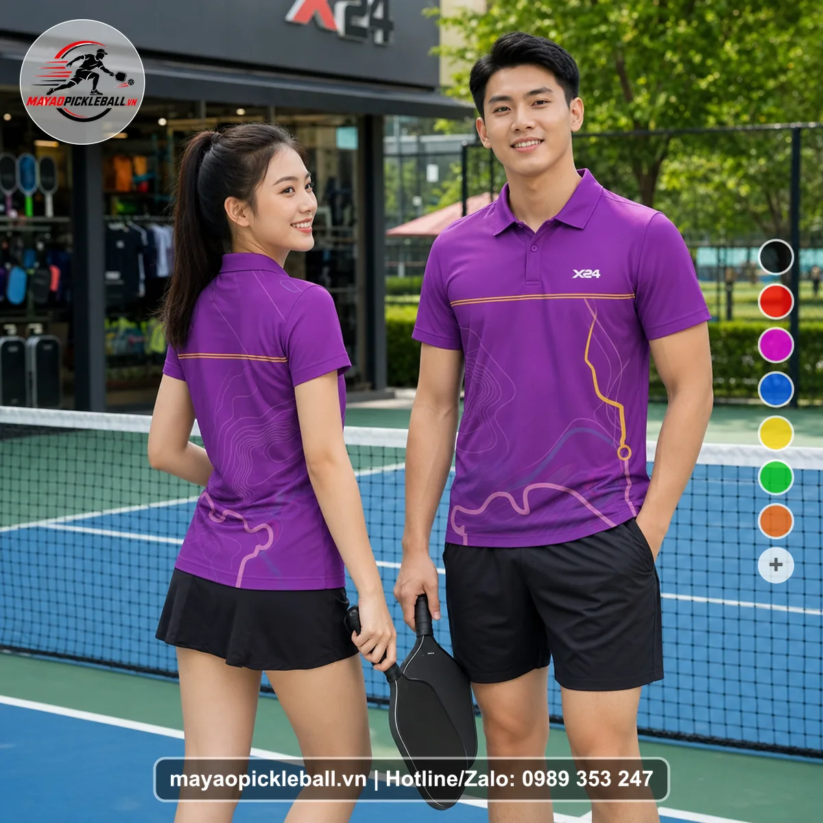 Bộ quần áo pickleball X24-PB-159 tím áo có tay có cổ