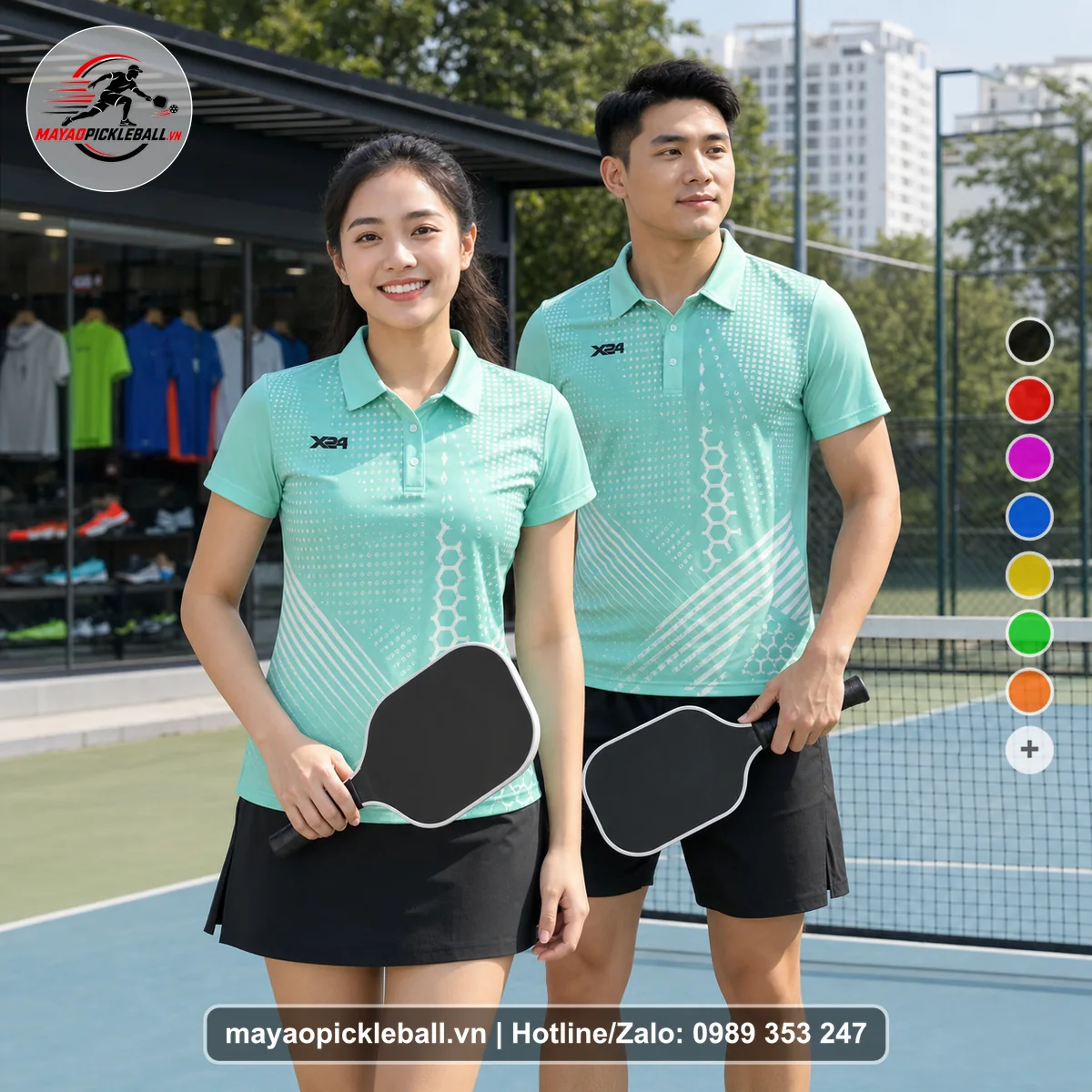 Bộ quần áo pickleball X24-PB-161 xanh ngọc, xanh áo có tay có cổ