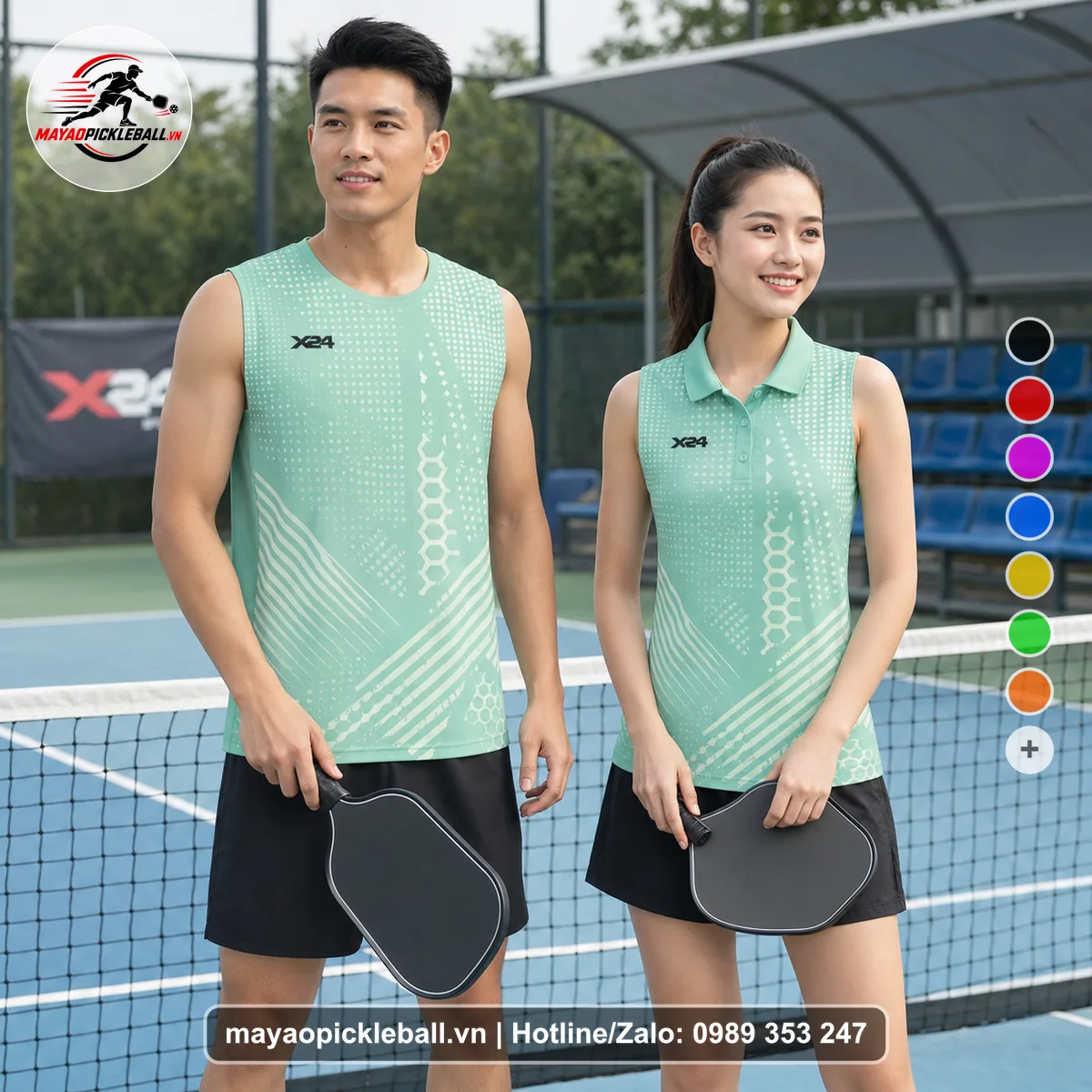 Bộ quần áo pickleball X24-PB-161 xanh ngọc, xanh biến thể không ống tay