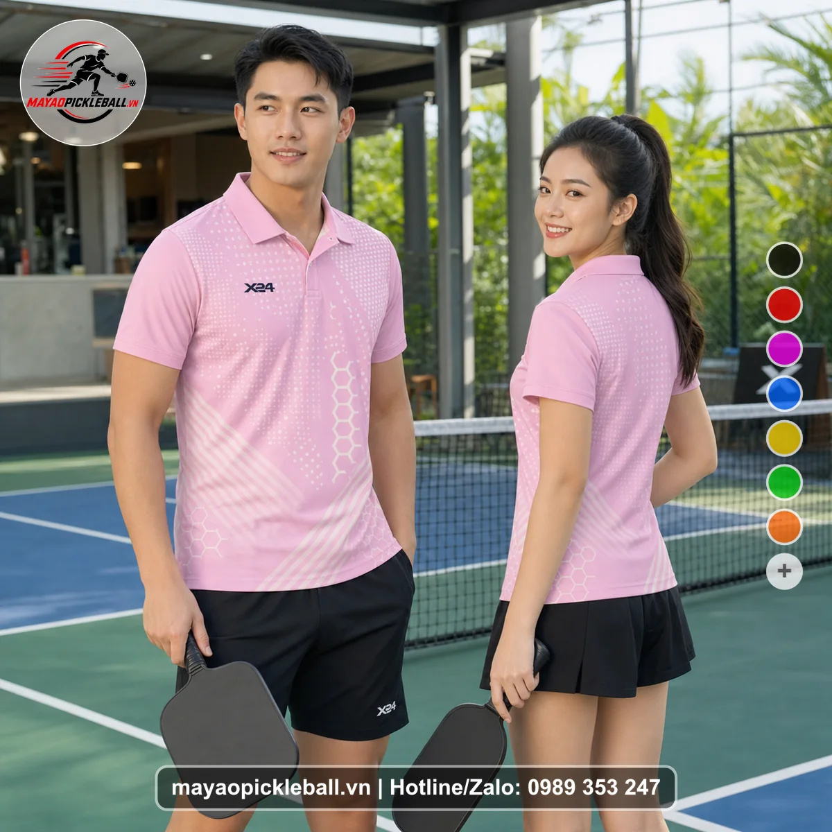 Bộ quần áo pickleball X24-PB-163 hồng áo có tay có cổ