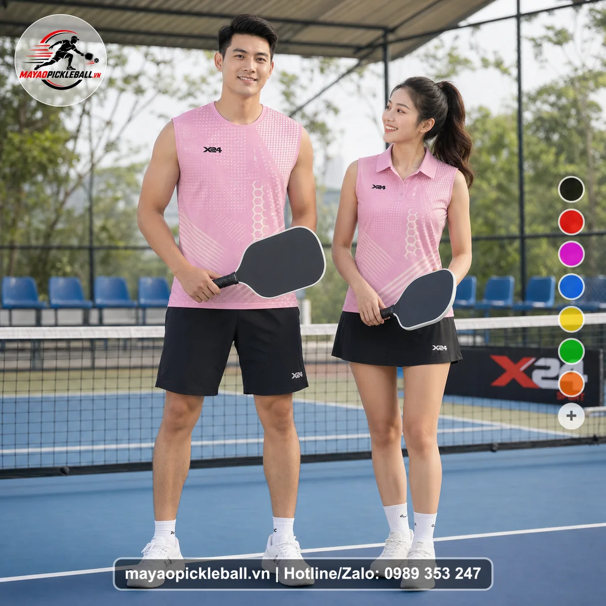 Bộ quần áo pickleball X24-PB-163 hồng biến thể không ống tay
