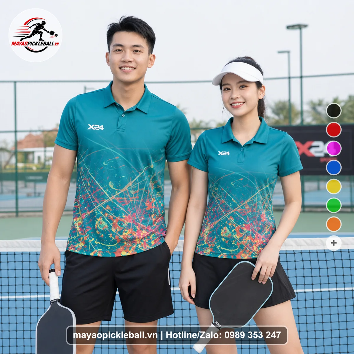 Bộ quần áo pickleball X24-PB-164 xanh ngọc, xanh áo có tay có cổ