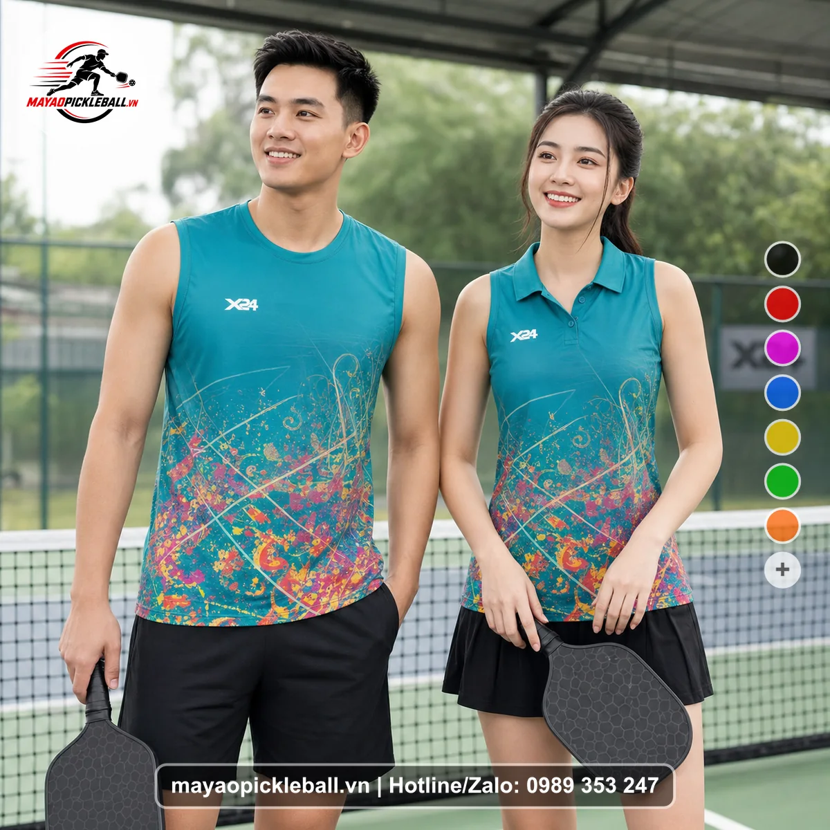 Bộ quần áo pickleball X24-PB-164 xanh ngọc, xanh biến thể không ống tay