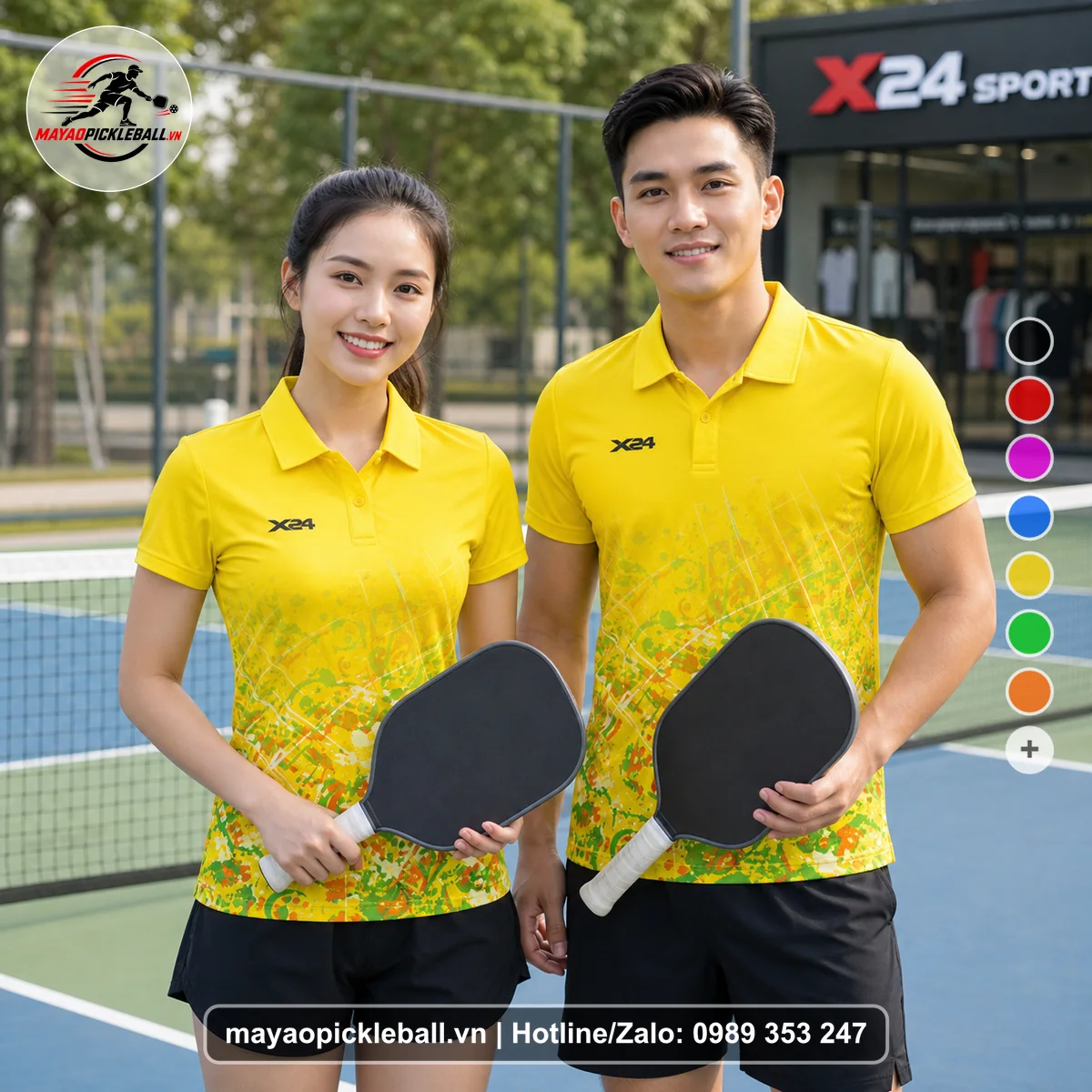 Bộ quần áo pickleball X24-PB-166 vàng áo có tay có cổ
