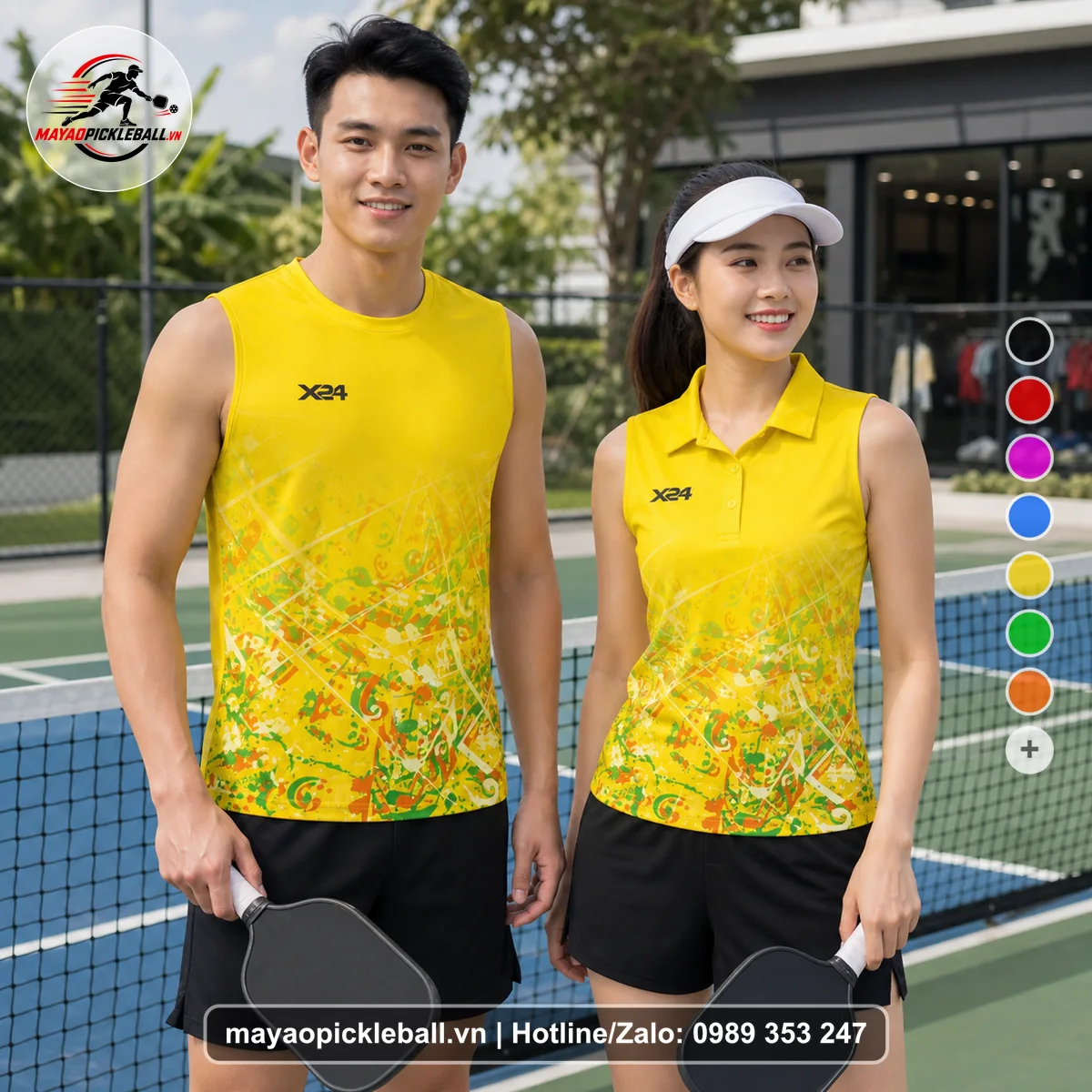 Bộ quần áo pickleball X24-PB-166 vàng biến thể không ống tay