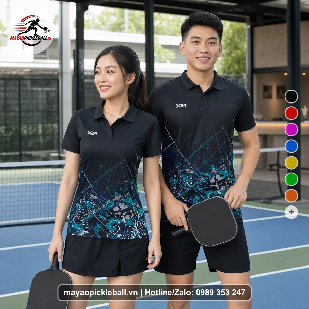 Bộ quần áo pickleball X24-PB-167 đen áo có tay có cổ