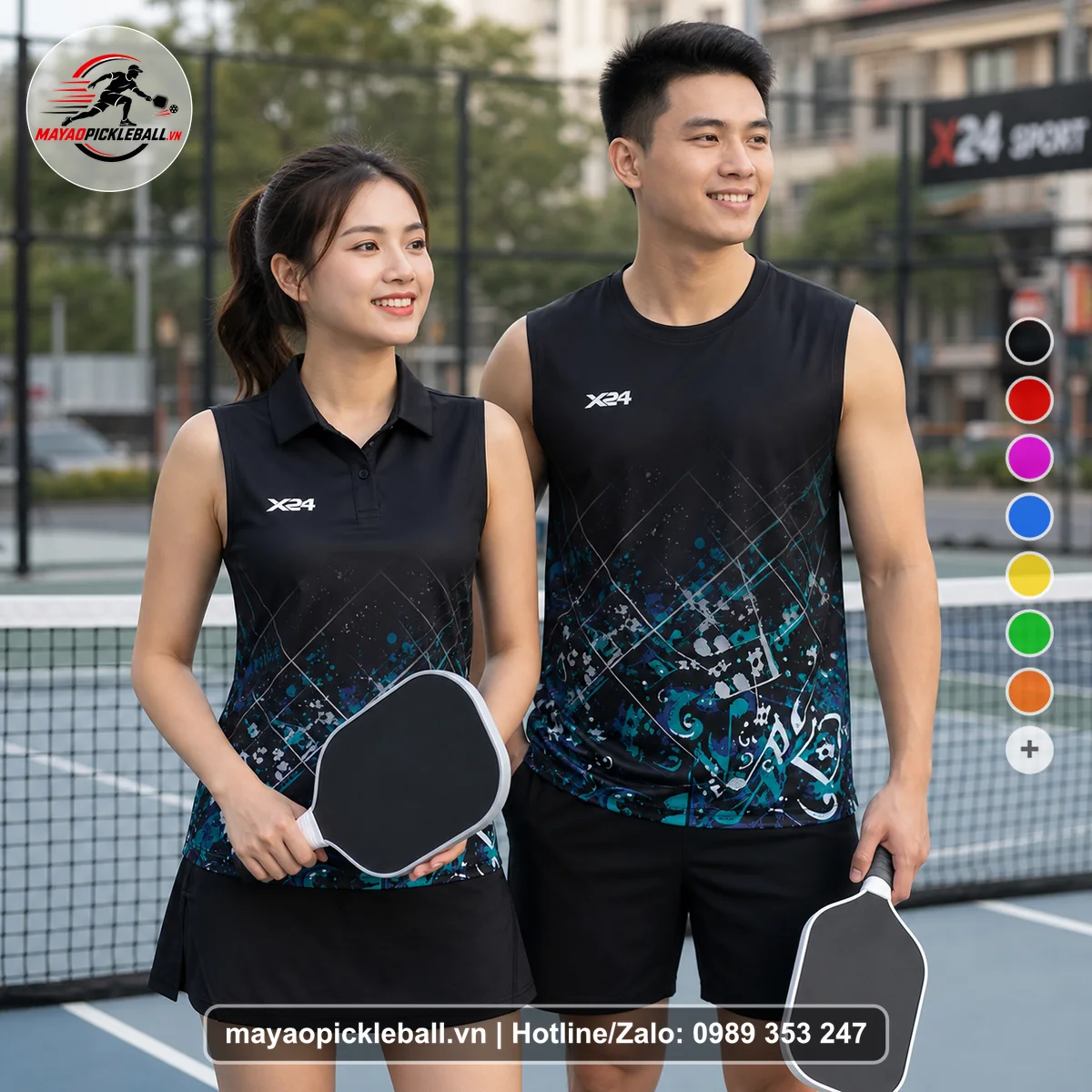 Bộ quần áo pickleball X24-PB-167 đen biến thể không ống tay