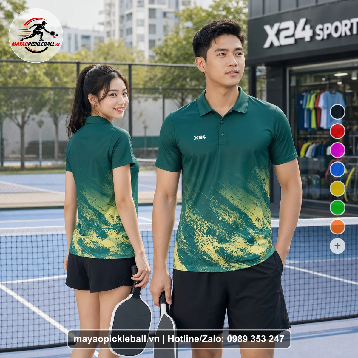 Bộ quần áo pickleball X24-PB-168 xanh áo có tay có cổ