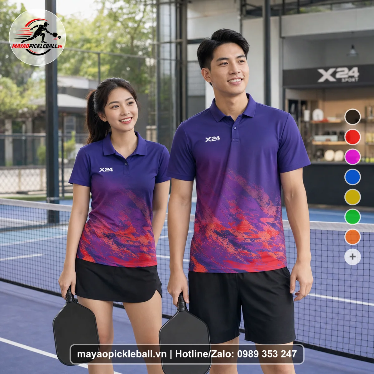 Bộ quần áo pickleball X24-PB-170 tím áo có tay có cổ