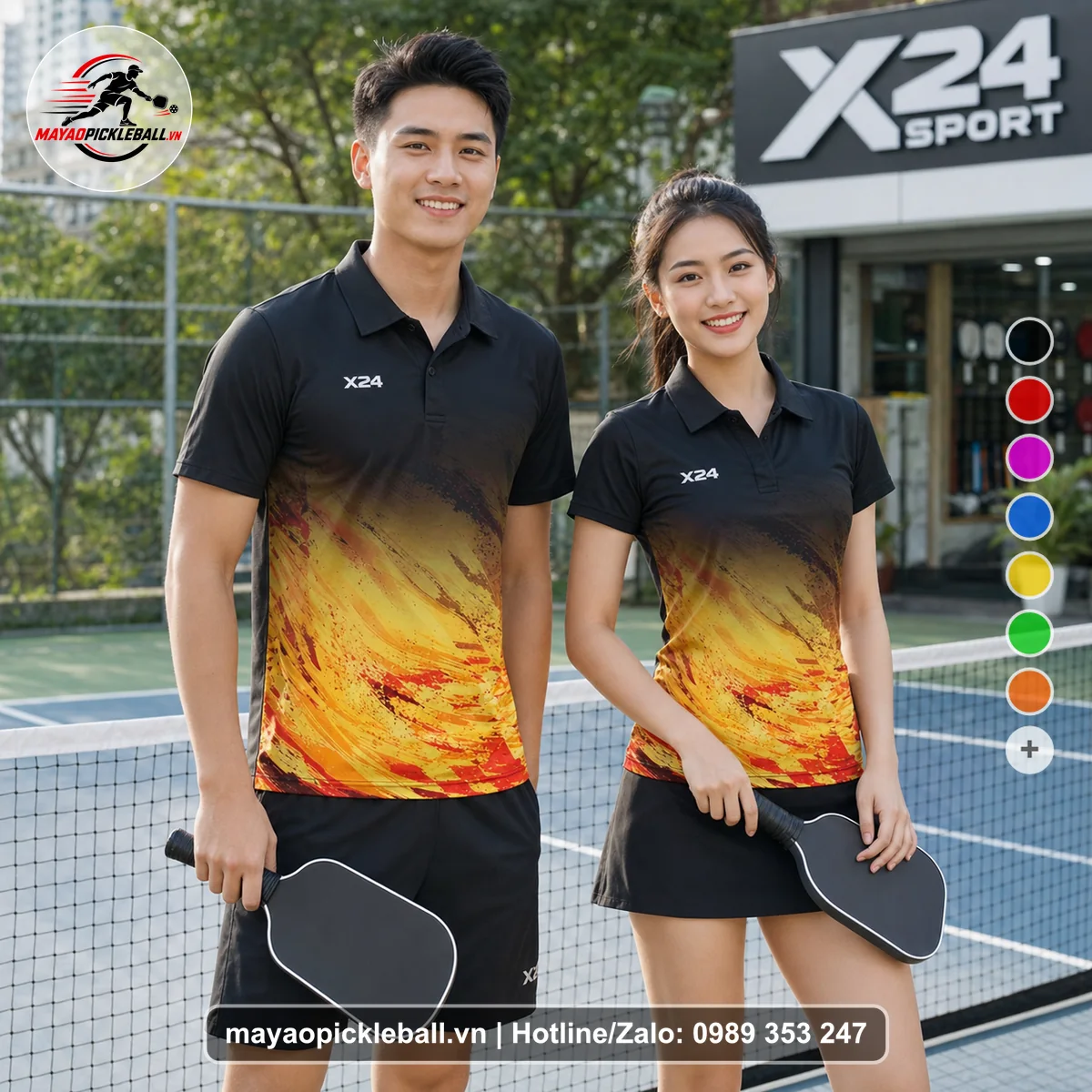 Bộ quần áo pickleball X24-PB-171 đen áo có tay có cổ
