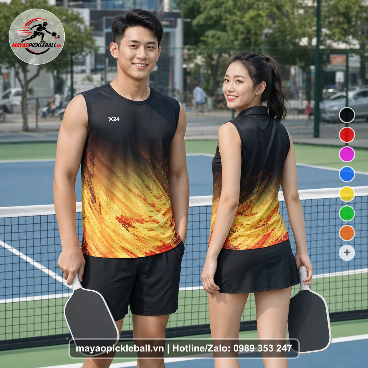 Bộ quần áo pickleball X24-PB-171 đen biến thể không ống tay