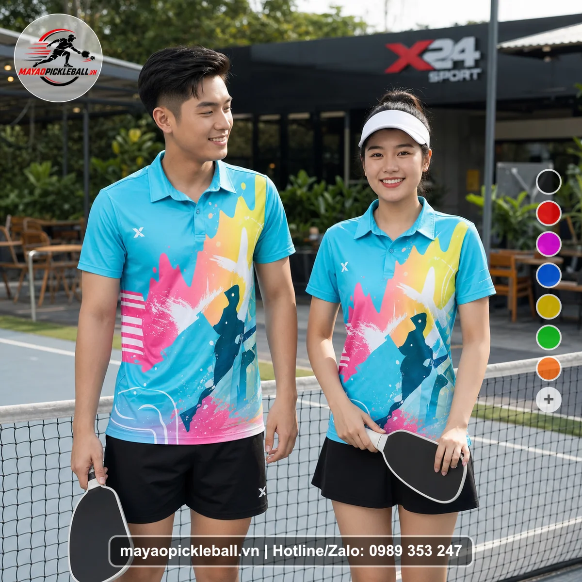 Bộ quần áo pickleball X24-PB-172 xanh ngọc, xanh áo có tay có cổ