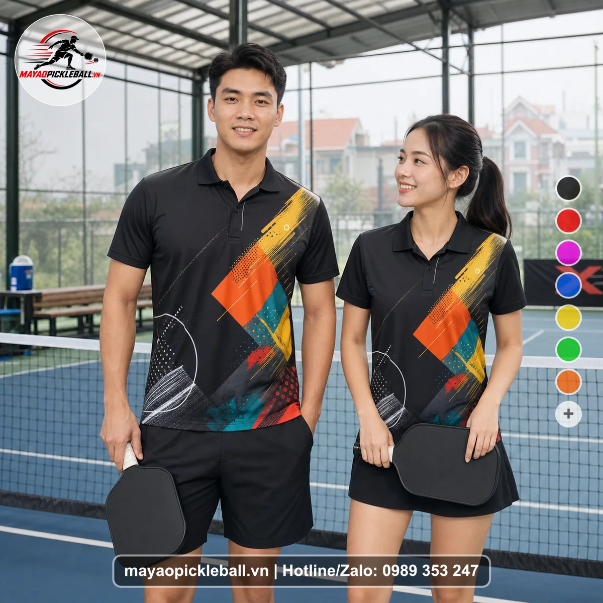Bộ quần áo pickleball X24-PB-175 đen áo có tay có cổ
