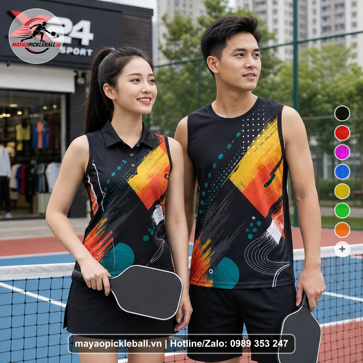 Bộ quần áo pickleball X24-PB-175 đen biến thể không ống tay