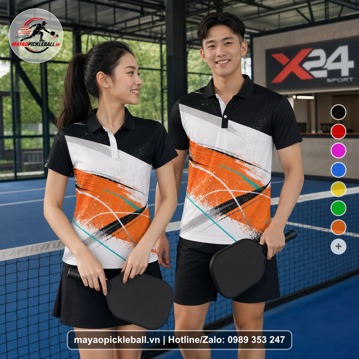 Bộ quần áo pickleball X24-PB-176 đen áo có tay có cổ