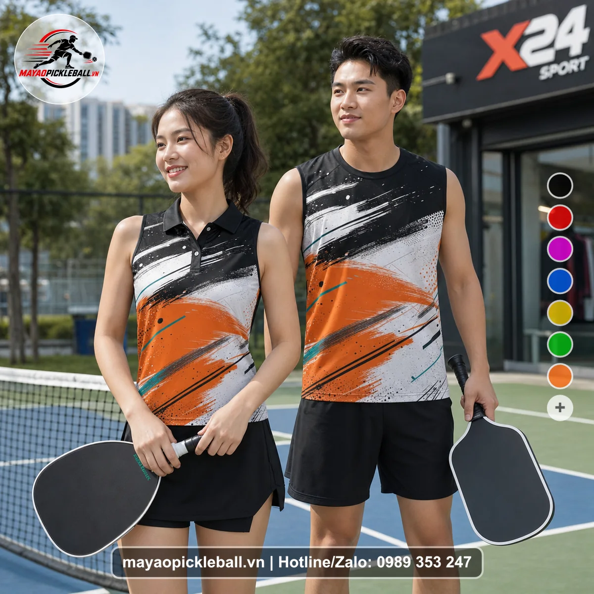 Bộ quần áo pickleball X24-PB-176 đen biến thể không ống tay