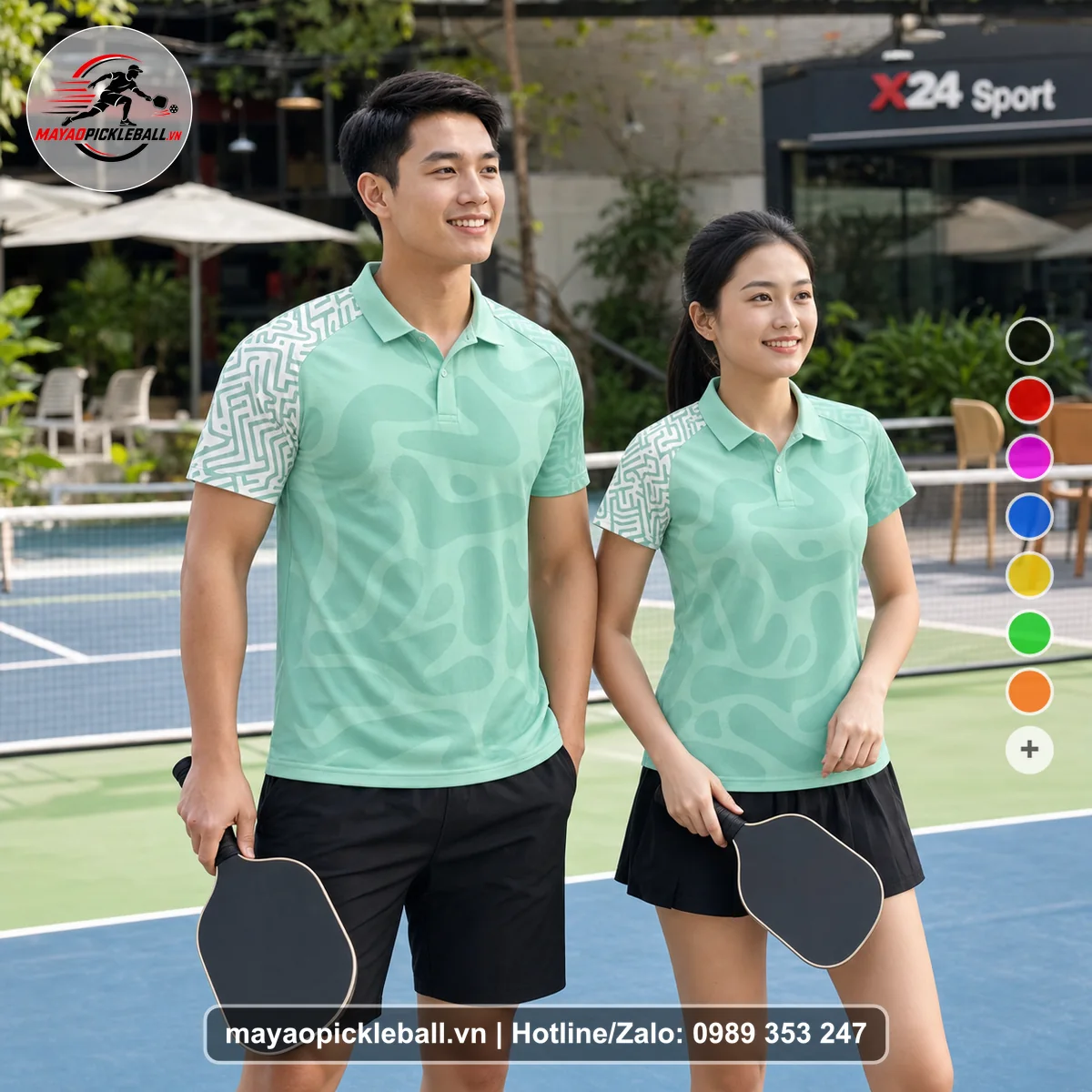 Bộ quần áo pickleball X24-PB-178 xanh ngọc, xanh áo có tay có cổ