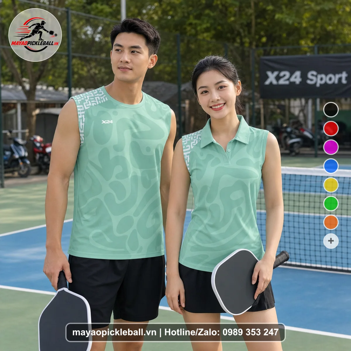 Bộ quần áo pickleball X24-PB-178 xanh ngọc, xanh biến thể không ống tay