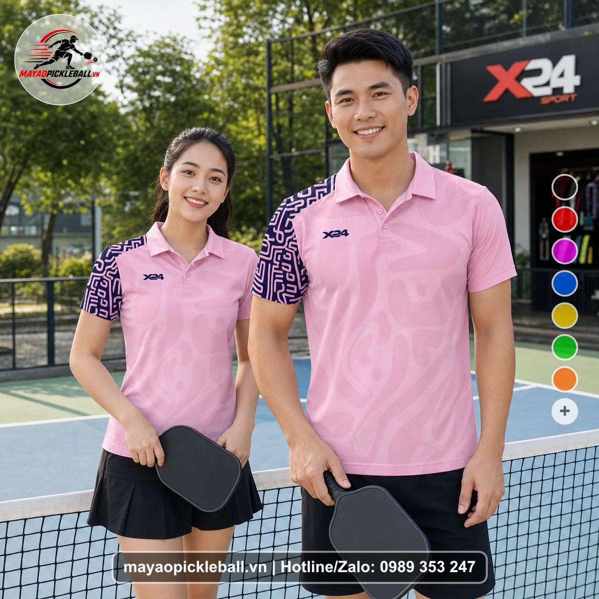 Bộ quần áo pickleball X24-PB-180 hồng áo có tay có cổ