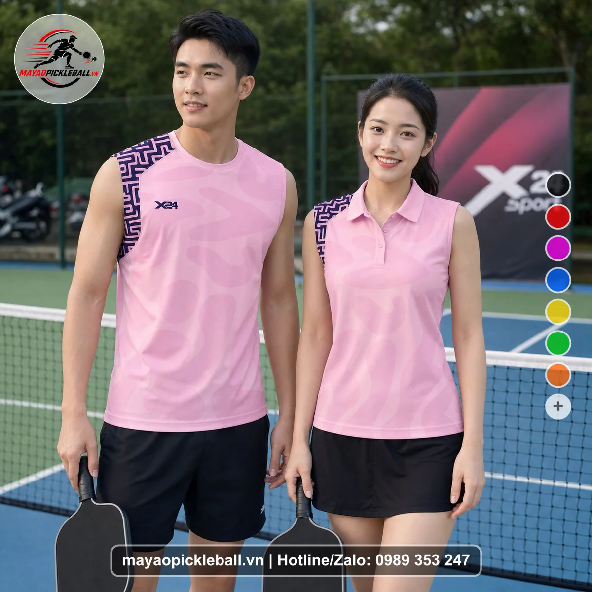 Bộ quần áo pickleball X24-PB-180 hồng biến thể không ống tay