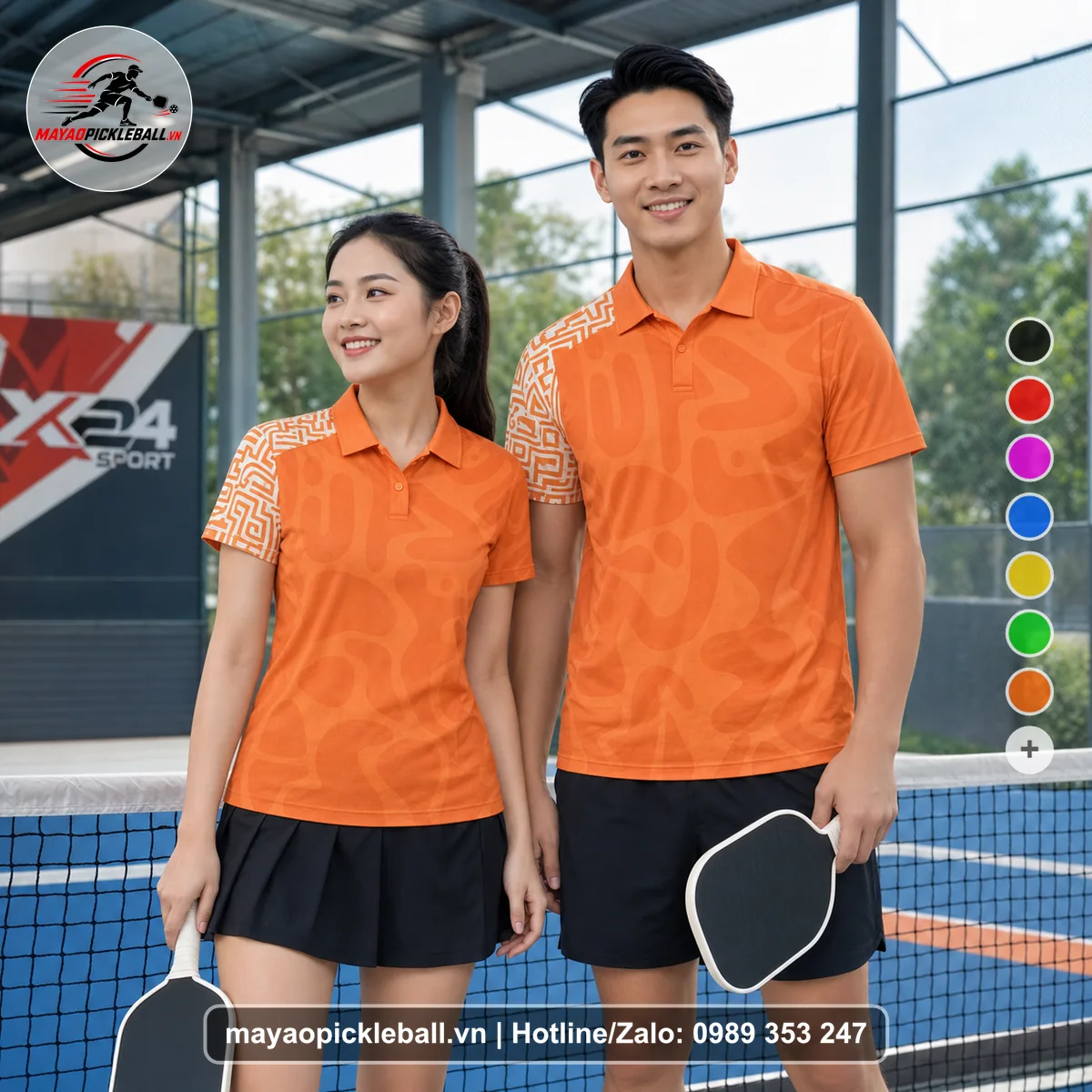 Bộ quần áo pickleball X24-PB-181 cam áo có tay có cổ