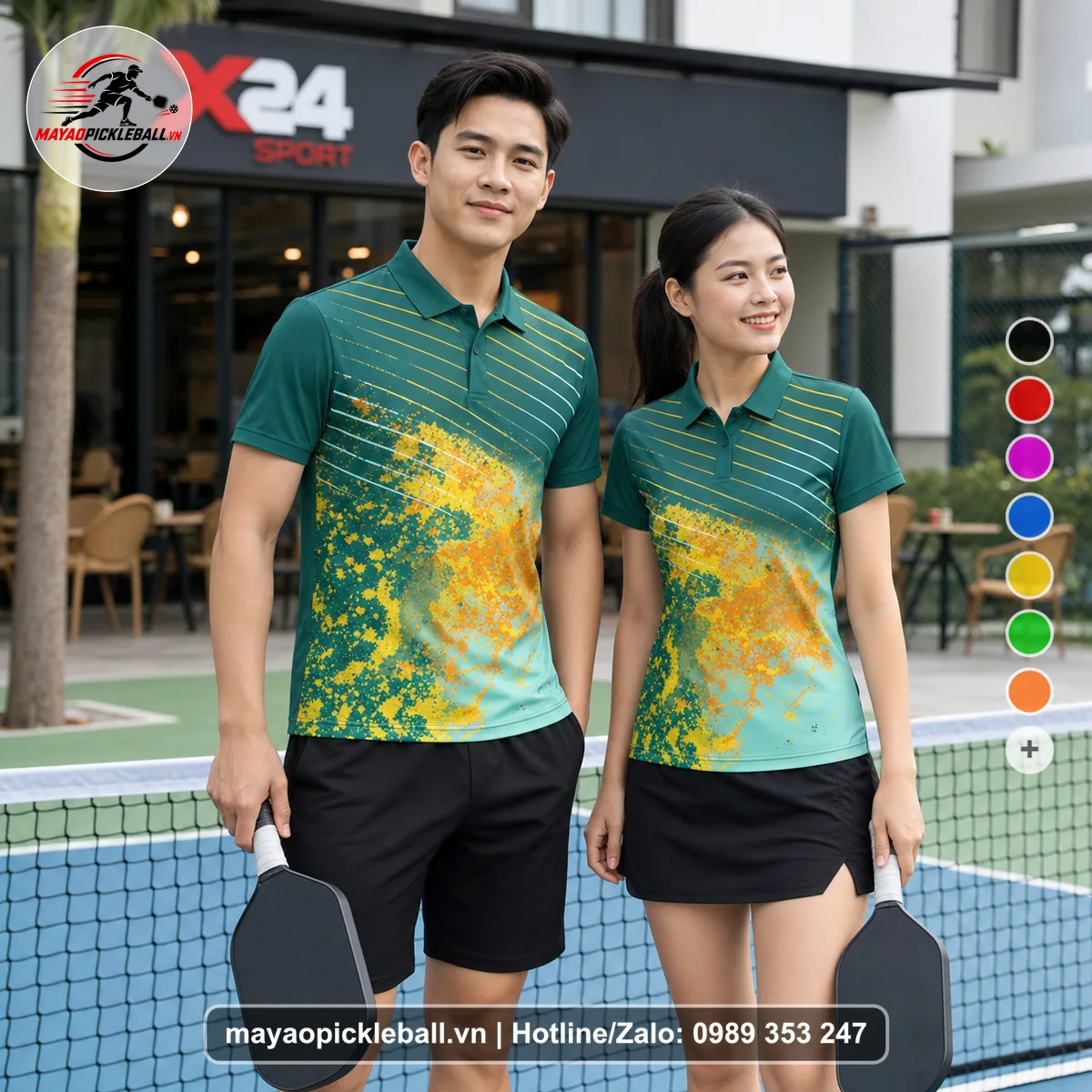 Bộ quần áo pickleball X24-PB-183 xanh áo có tay có cổ