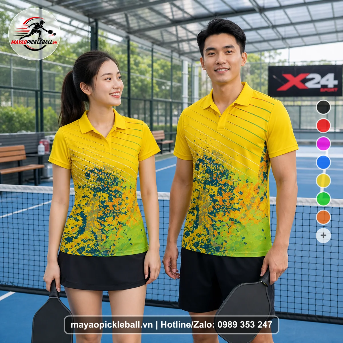 Bộ quần áo pickleball X24-PB-184 vàng áo có tay có cổ