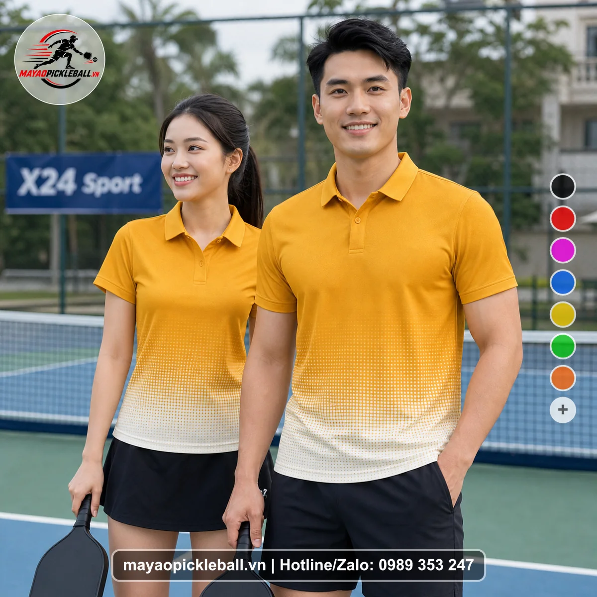 Bộ quần áo pickleball X24-PB-186 vàng áo có tay có cổ