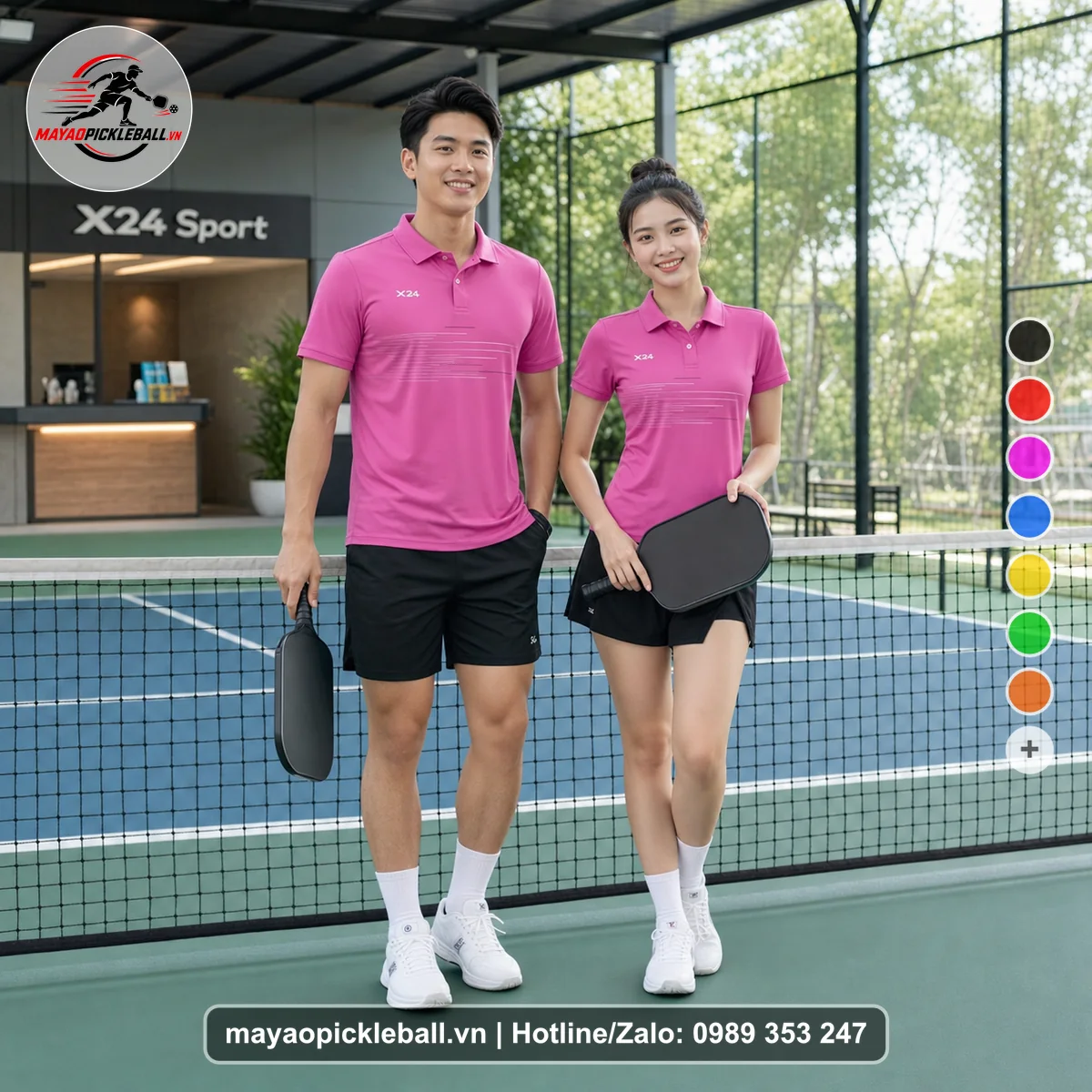 Bộ quần áo pickleball X24-PB-191 hồng áo có tay có cổ