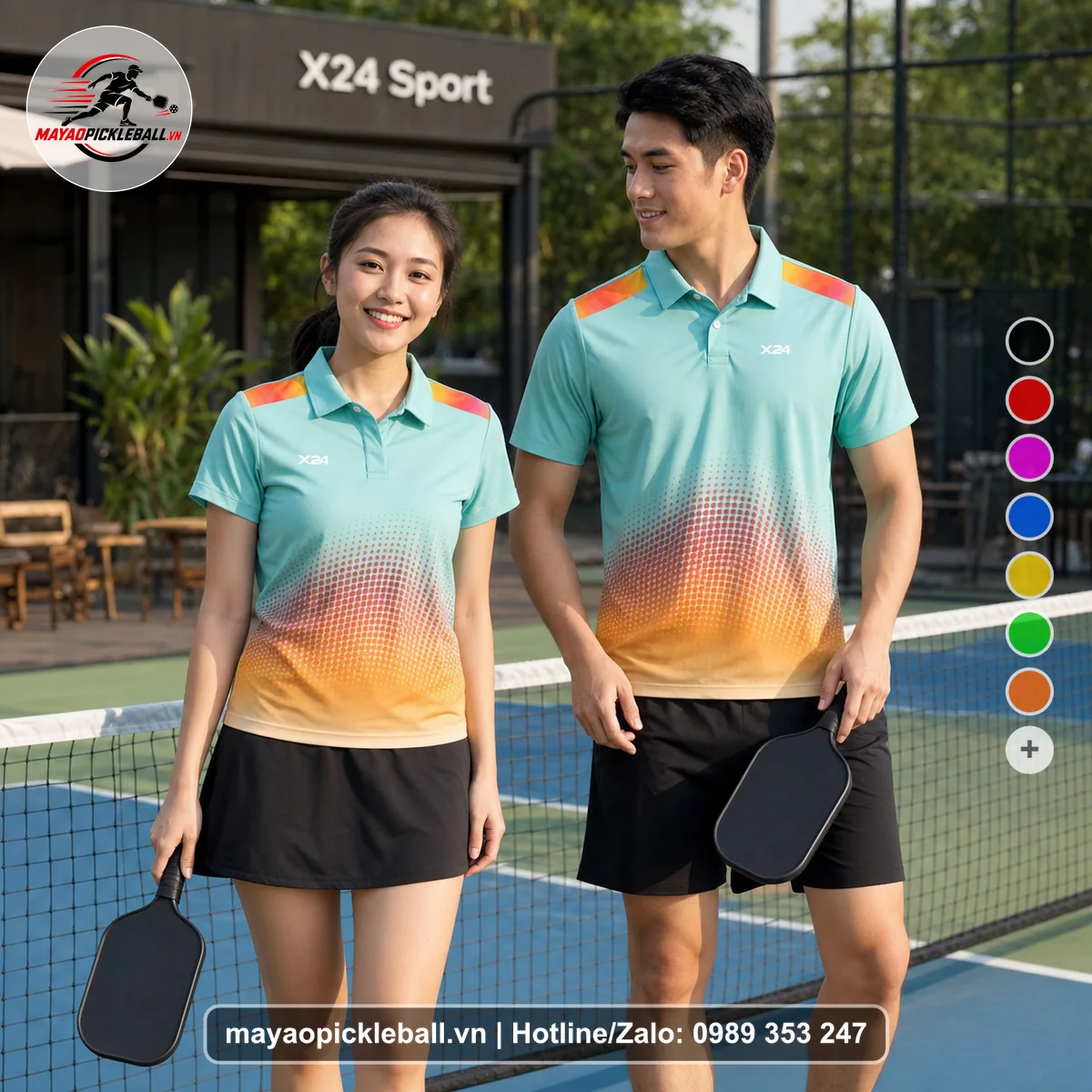 Bộ quần áo pickleball X24-PB-193 xanh ngọc, xanh áo có tay có cổ