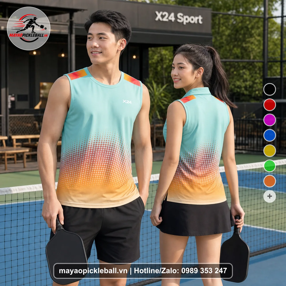 Bộ quần áo pickleball X24-PB-193 xanh ngọc, xanh biến thể không ống tay