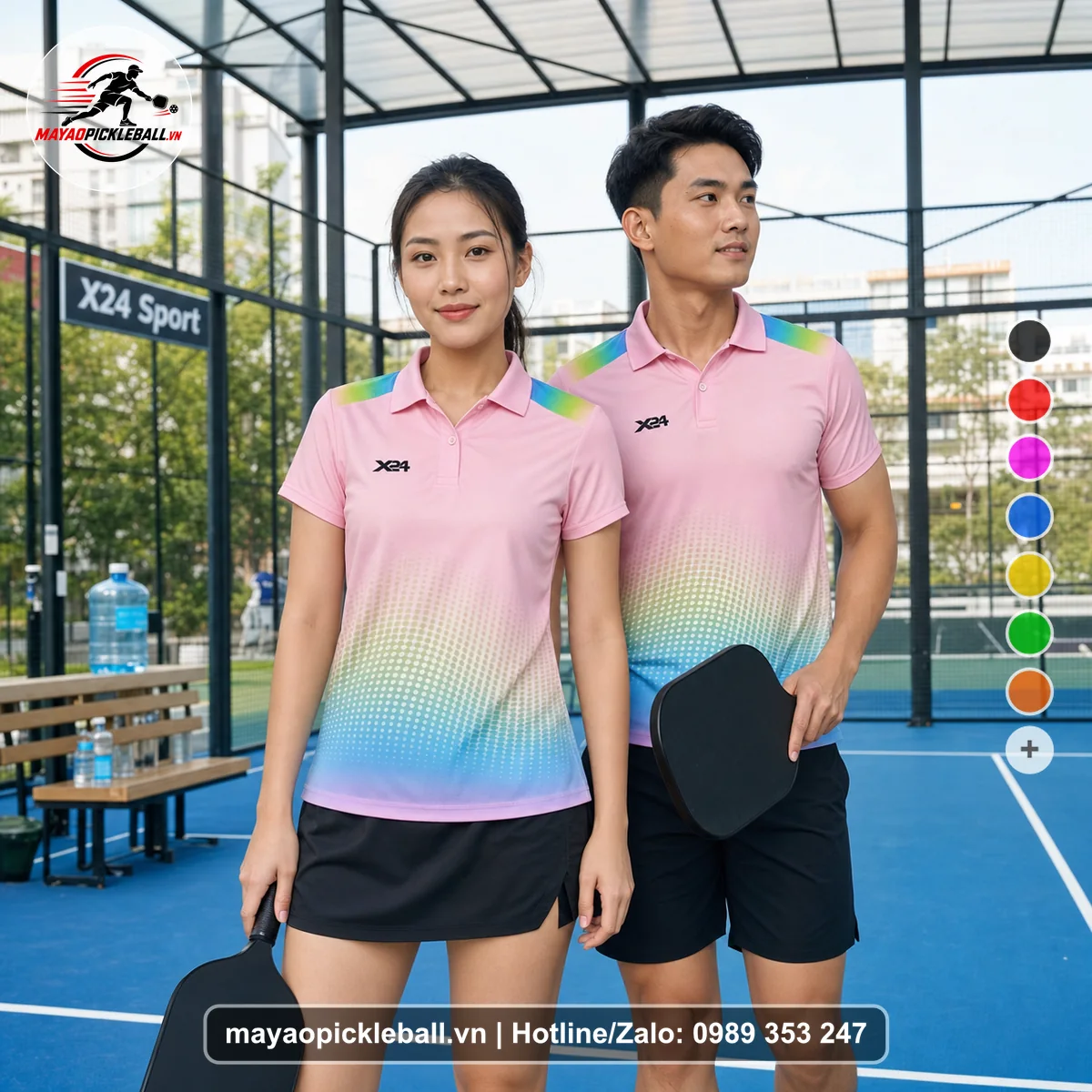 Bộ quần áo pickleball X24-PB-195 hồng áo có tay có cổ