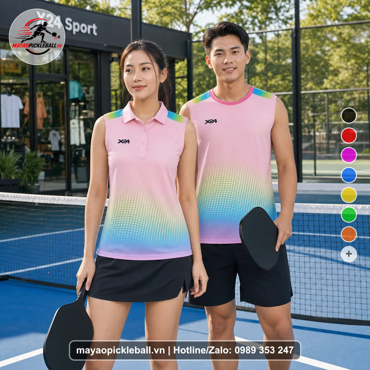 Bộ quần áo pickleball X24-PB-195 hồng biến thể không ống tay
