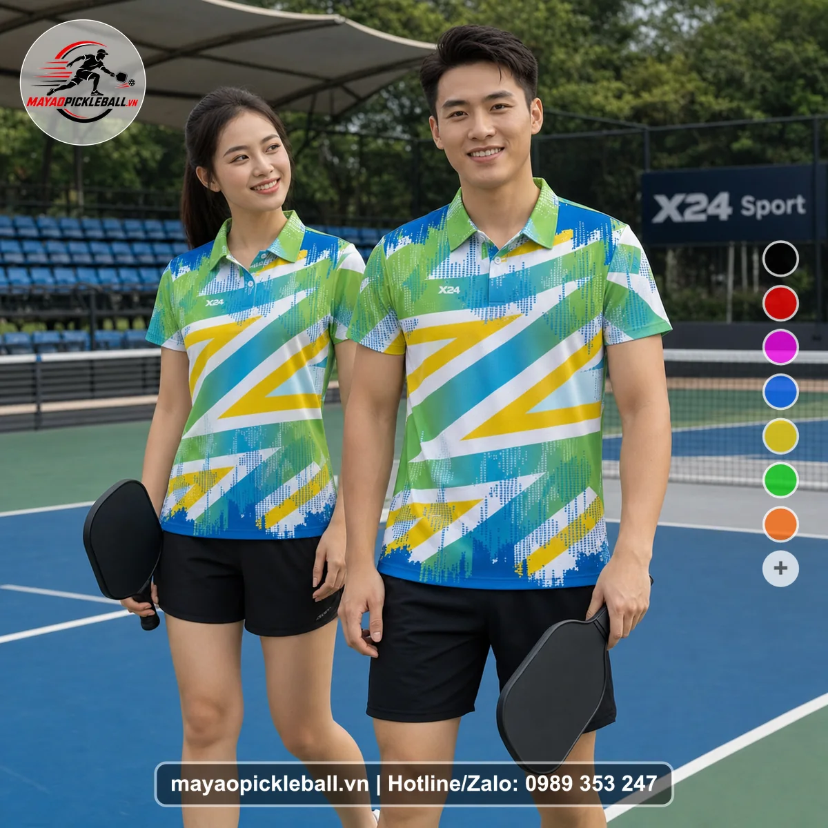 Bộ quần áo pickleball X24-PB-196 xanh áo có tay có cổ