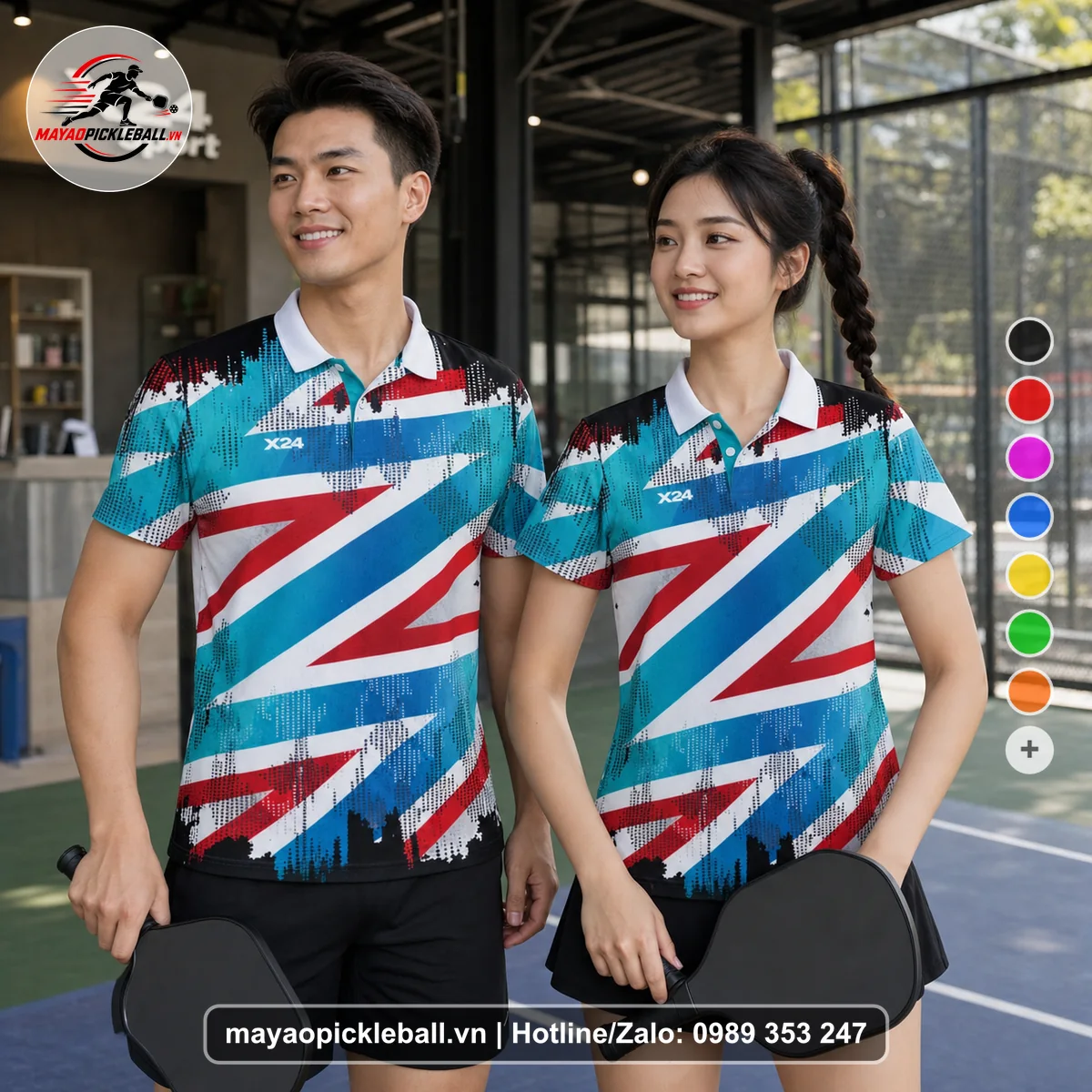 Bộ quần áo pickleball X24-PB-198 trắng, xanh áo có tay có cổ
