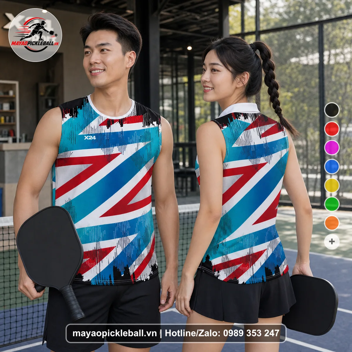 Bộ quần áo pickleball X24-PB-198 trắng, xanh biến thể không ống tay