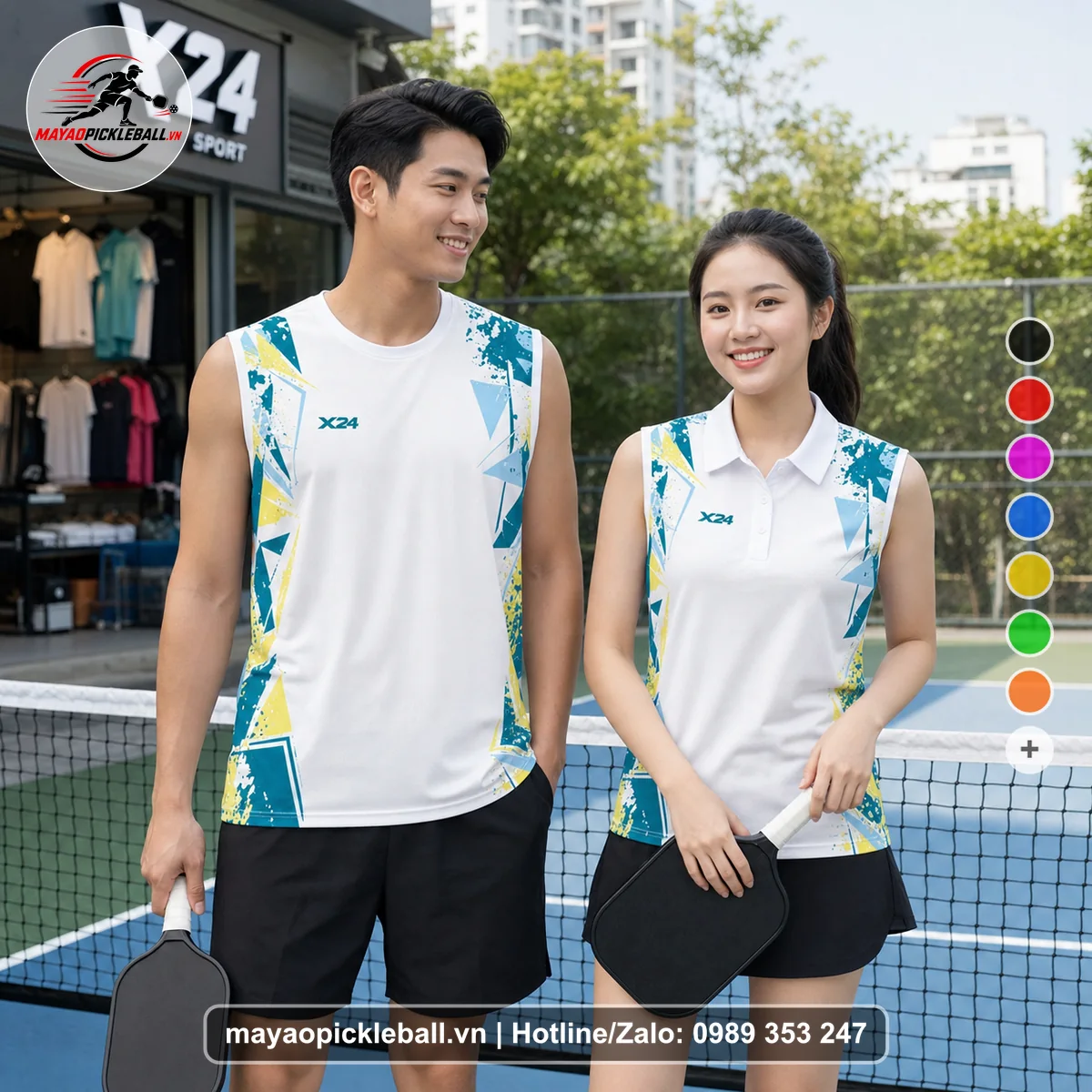 Bộ quần áo pickleball X24-PB-200 trắng biến thể không ống tay