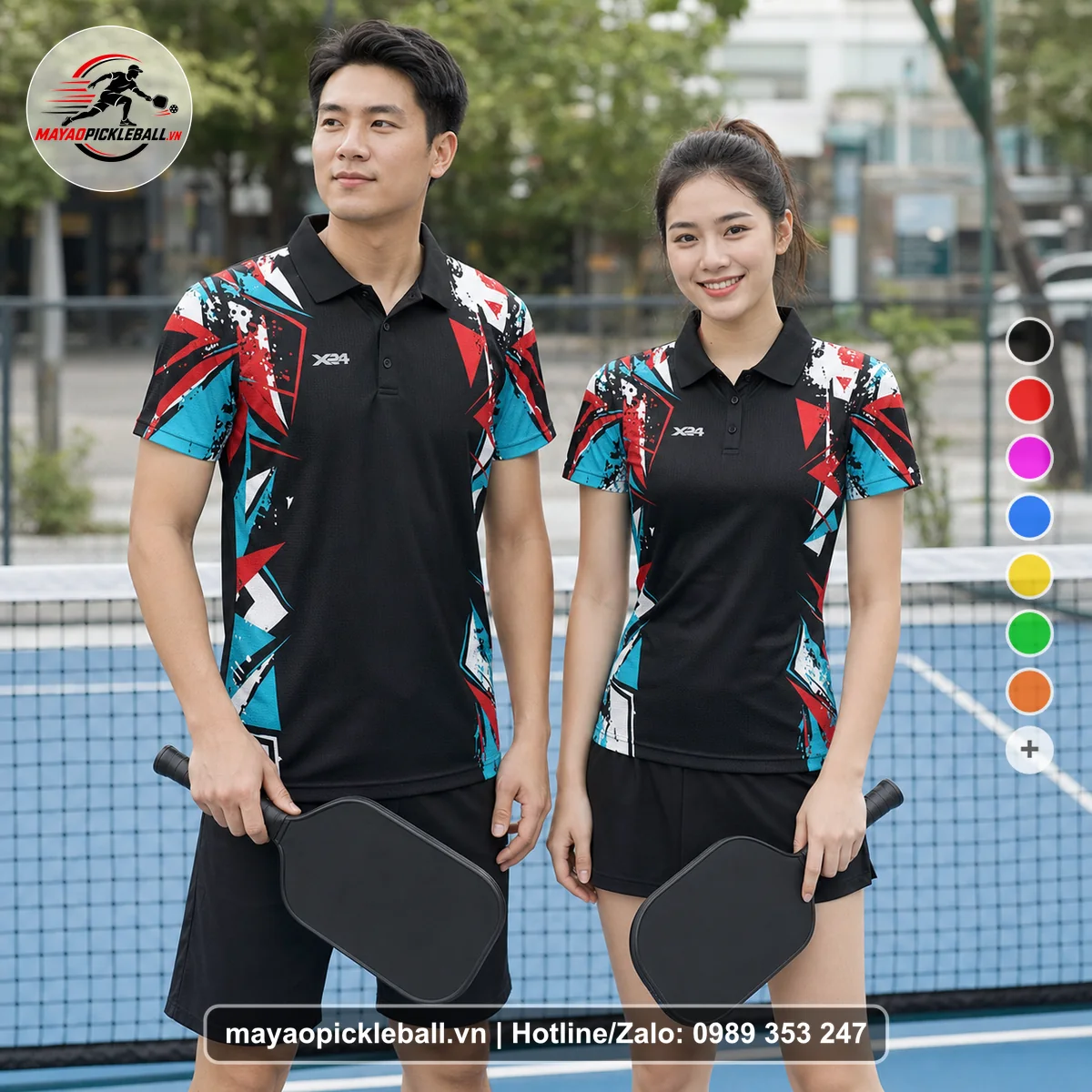 Bộ quần áo pickleball X24-PB-202 đen áo có tay có cổ