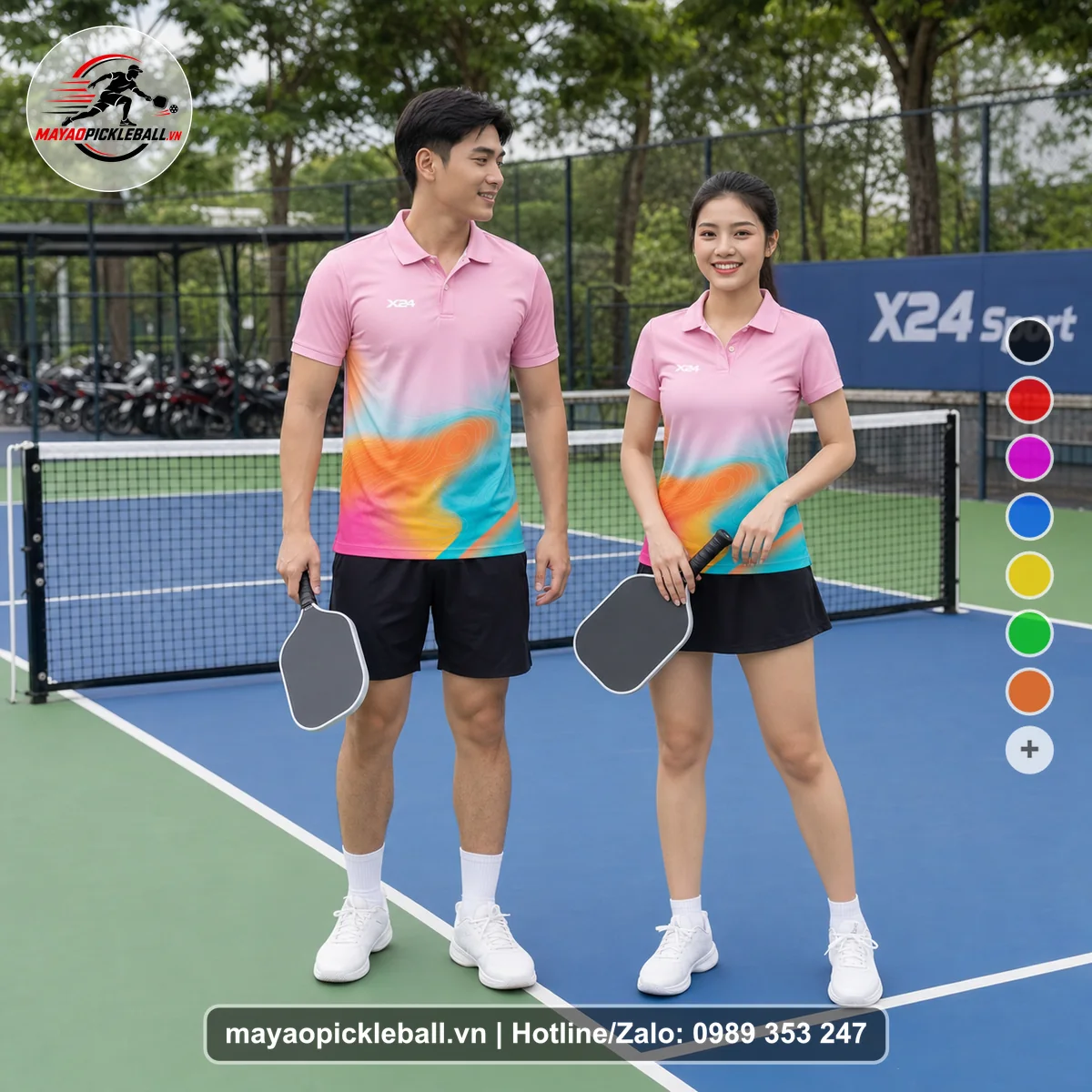 Bộ quần áo pickleball X24-PB-205 hồng áo có tay có cổ