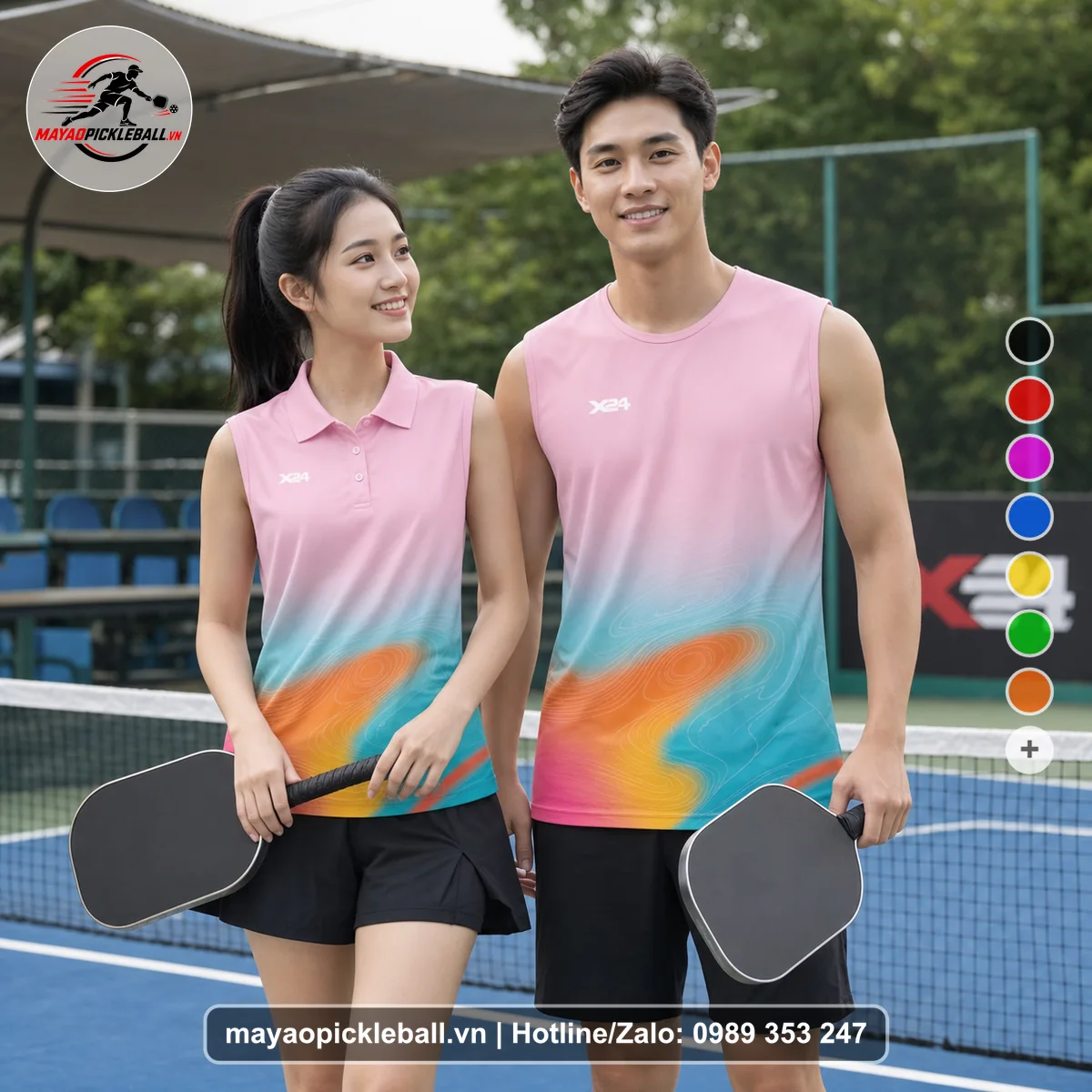 Bộ quần áo pickleball X24-PB-205 hồng biến thể không ống tay