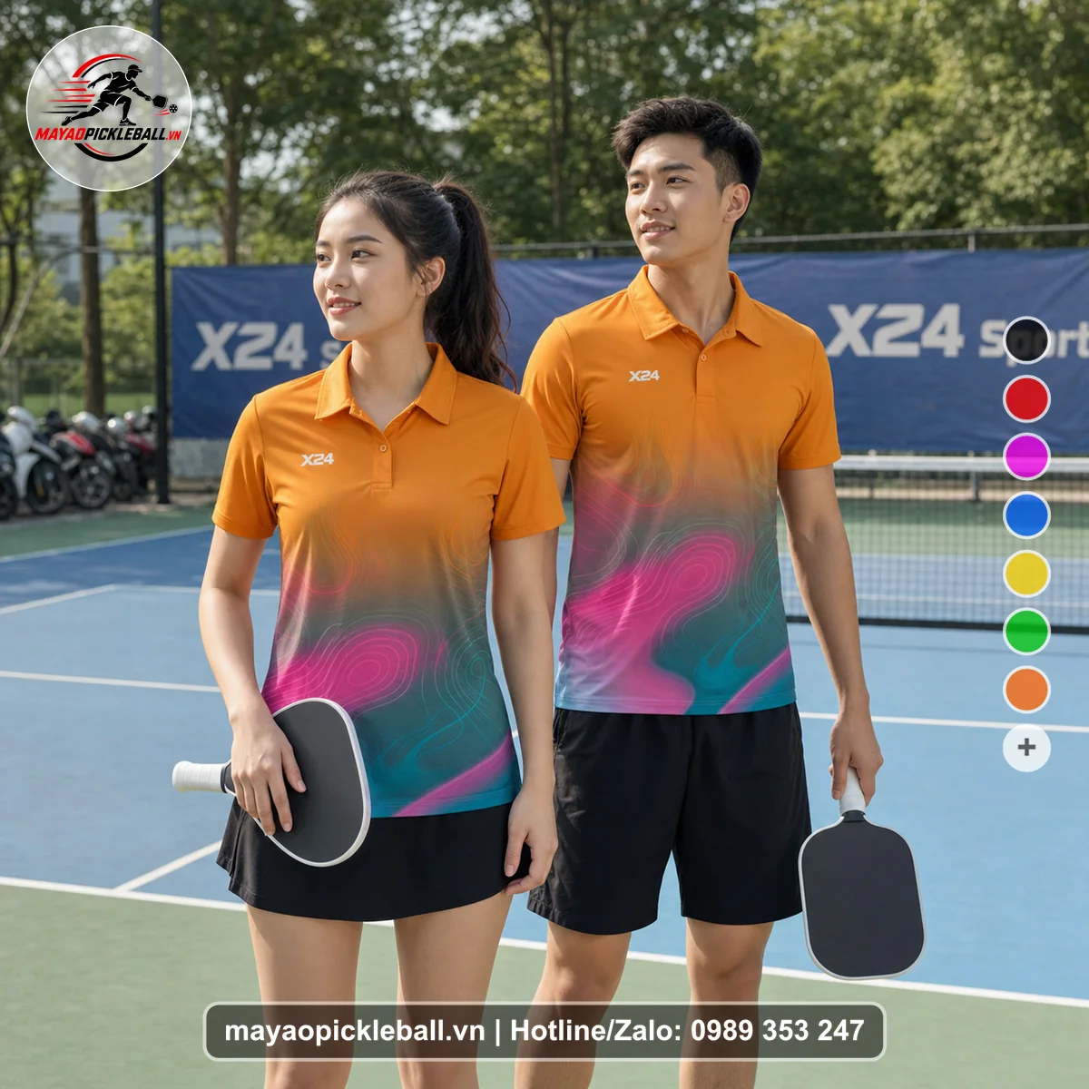 Bộ quần áo pickleball X24-PB-206 cam áo có tay có cổ