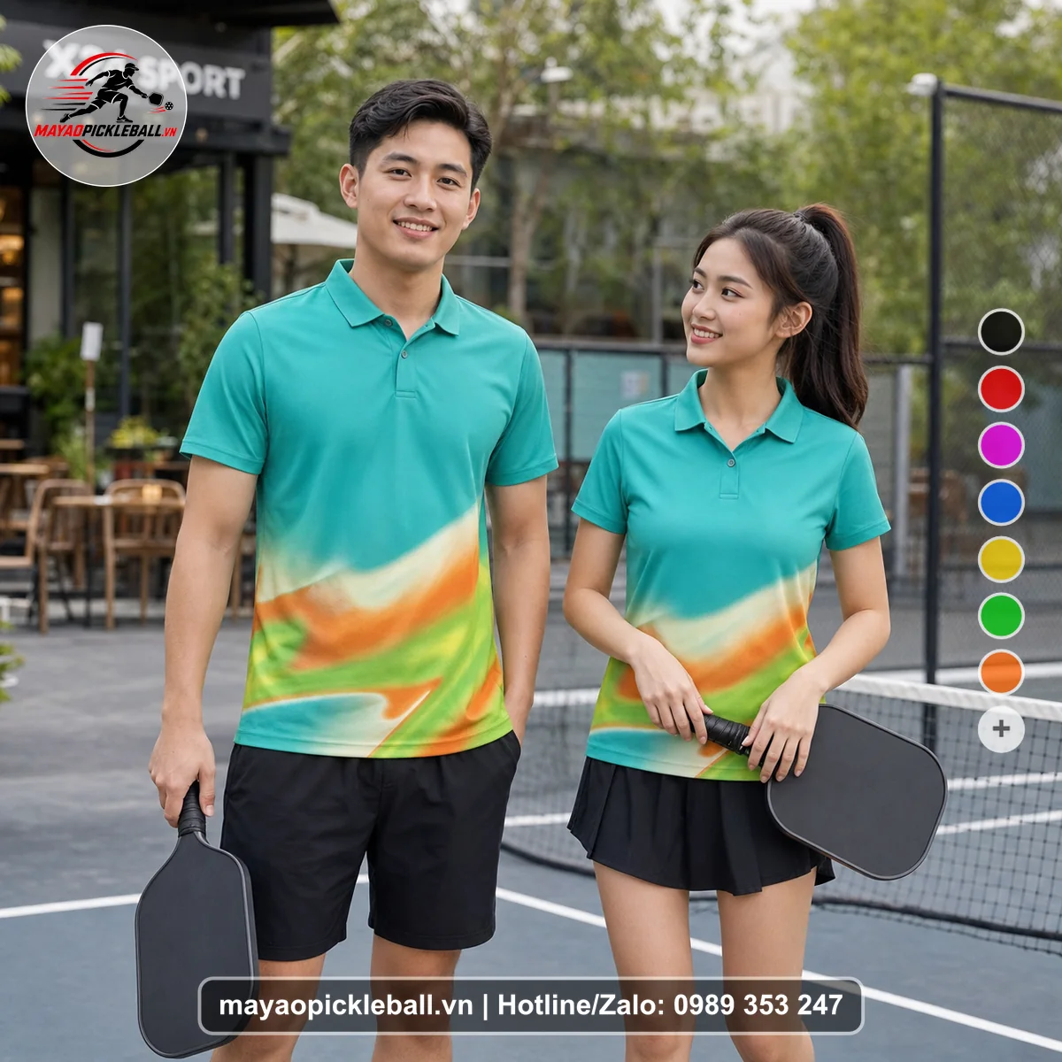 Bộ quần áo pickleball X24-PB-210 xanh ngọc, xanh áo có tay có cổ