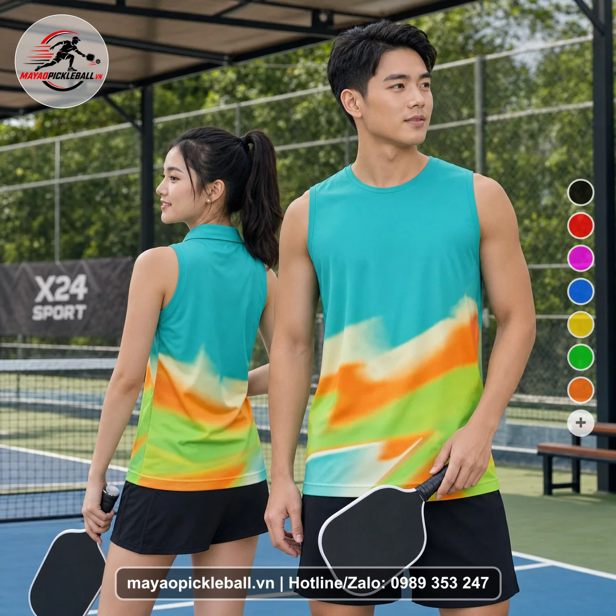 Bộ quần áo pickleball X24-PB-210 xanh ngọc, xanh biến thể không ống tay