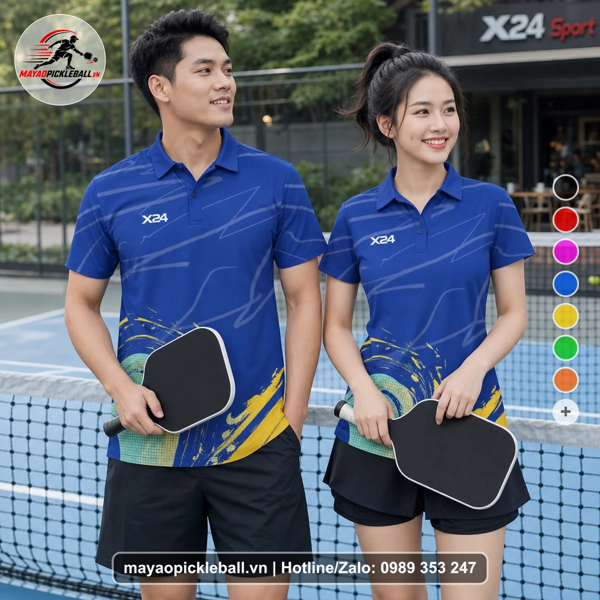 Bộ quần áo pickleball X24-PB-215 xanh áo có tay có cổ